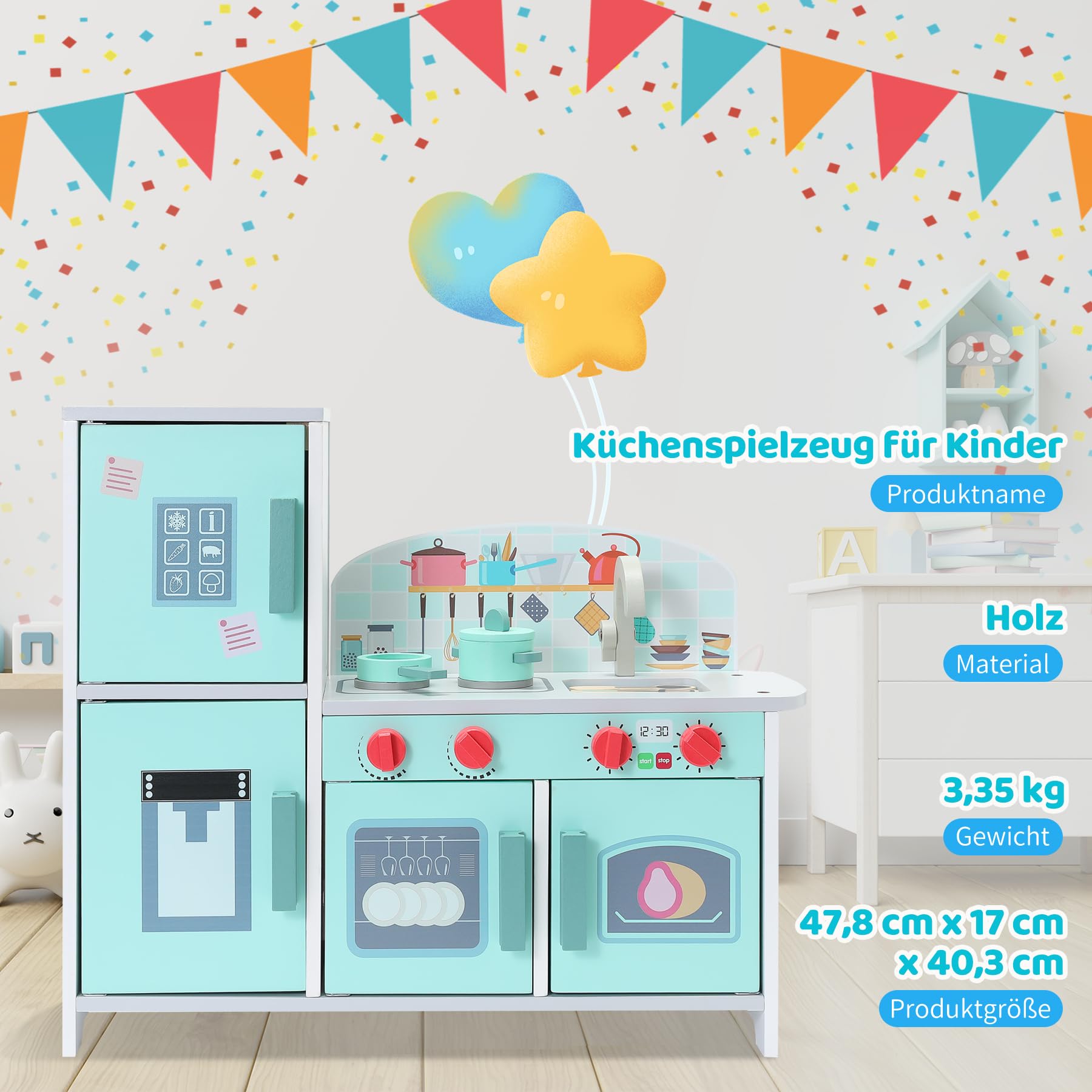 Cucina per bambini in legno con accessori, cucina per giochi di ruolo per bambini, set da gioco Mini Chef, set da gioco per cucina con cibo da gioco, frigorifero, forno, vano portaoggetti
