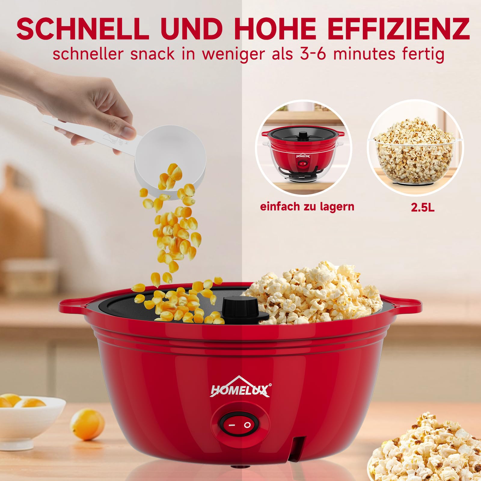 HOMELUX Mini macchina per popcorn da 450 W, rivestimento antiaderente con cucchiaio dosatore | Coperchio come ciotola da portata, silenziosa e veloce, macchina per popcorn per casa, feste e bambini, rosso