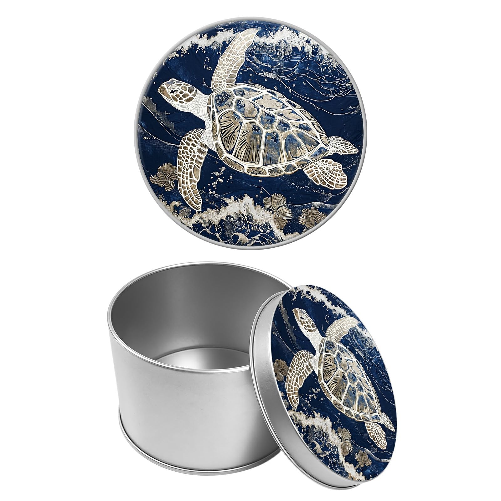 Round Metal Tin Container with Removable Lid, Retro Seaturtle Durable Metal Storage Box for Cookies Spices Tea Candies Cakes Jewelry Cosmetics 3.54 x 2.36 inch– Single Pack