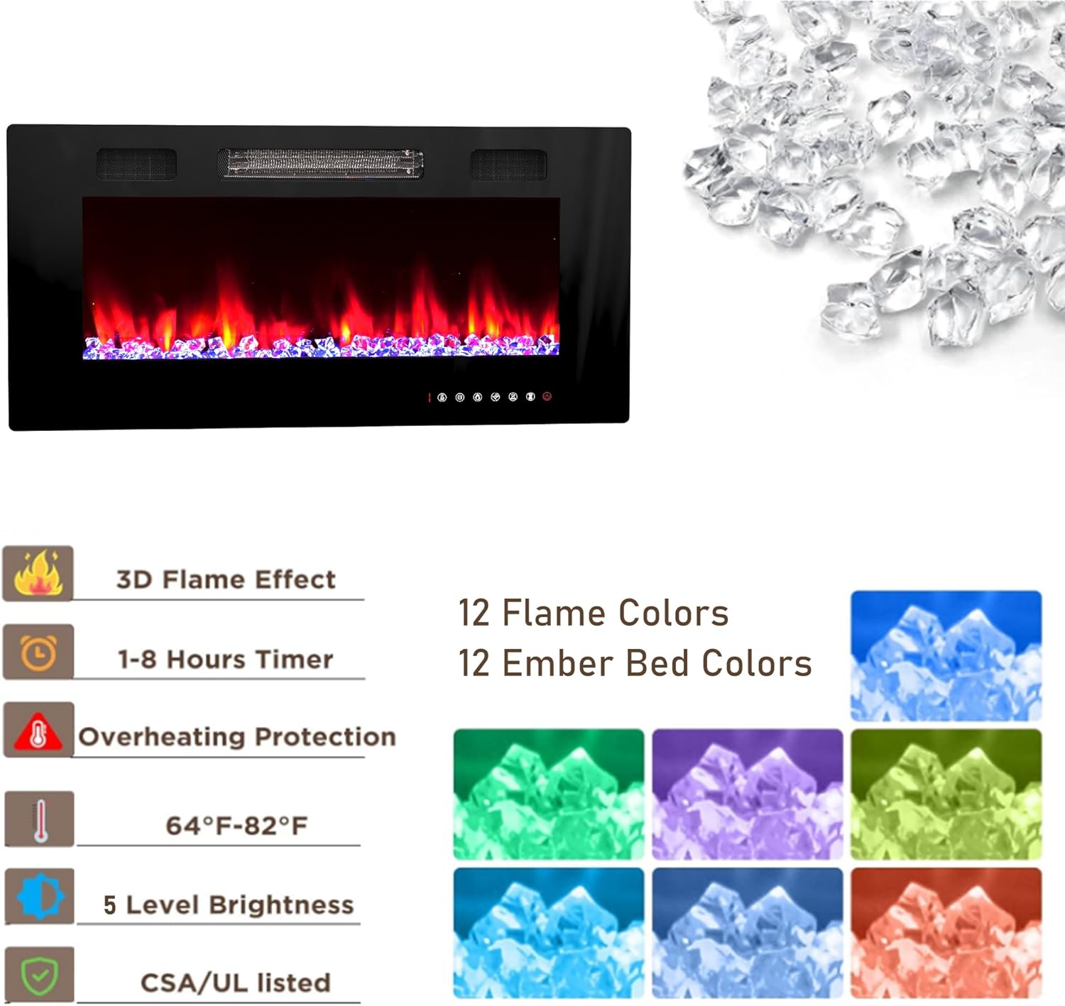36 Inch Electric Fireplace Wall Mounted & in-Wall Recessed, Ultra-Thin Silence Linear Fireplace Heater with 12 Flame Colors, Fit for 2 x 4 & 2 x 6 Stud, Overheating Protection, Remote Control, Black