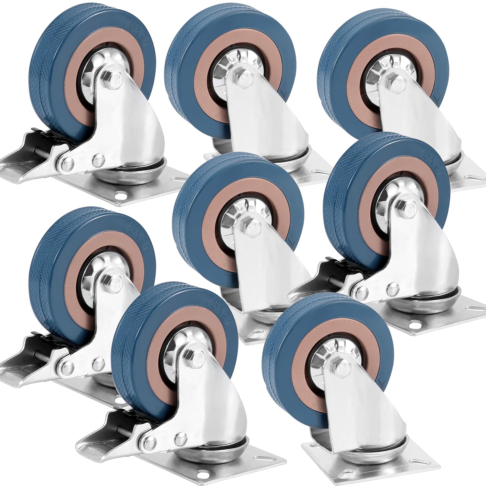 ZOENHOU Set di 8 ruote girevoli in gomma grigia, 7,6 cm, 400 kg, 360 gradi, in cloruro di polivinile, resistenti, per carrelli, mobili, banco da lavoro, carrelli, 4 con freno e 4 senza