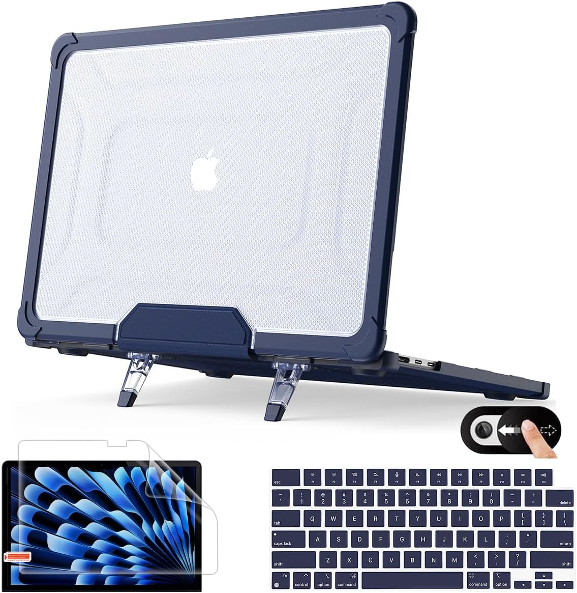 Mektron Shockproof Case for MacBook Air 15 inch 2025/2024/2023 with M4/M3/M2 Chip Model A3241/A2941/ A3114, 15.3” Heavy Duty Protective Hard Shell Cover with Fold Kickstand with Keyboard Skin, B-Navy