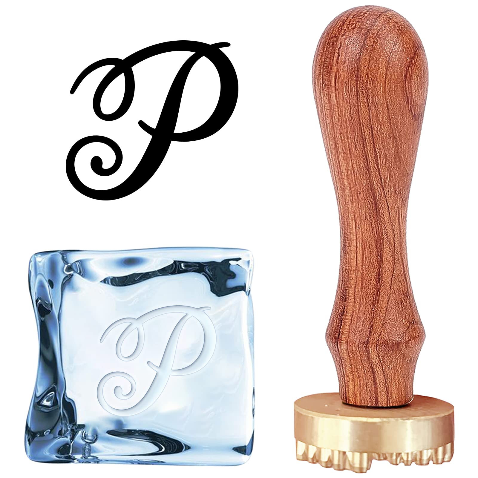 craspire P Ice Stamp Letter Ice Cube Stamp Ice Burning Stamp with Removable Brass Head & Wooden Handle Vintage Ice Stamp for Bar Making DIY Crafts