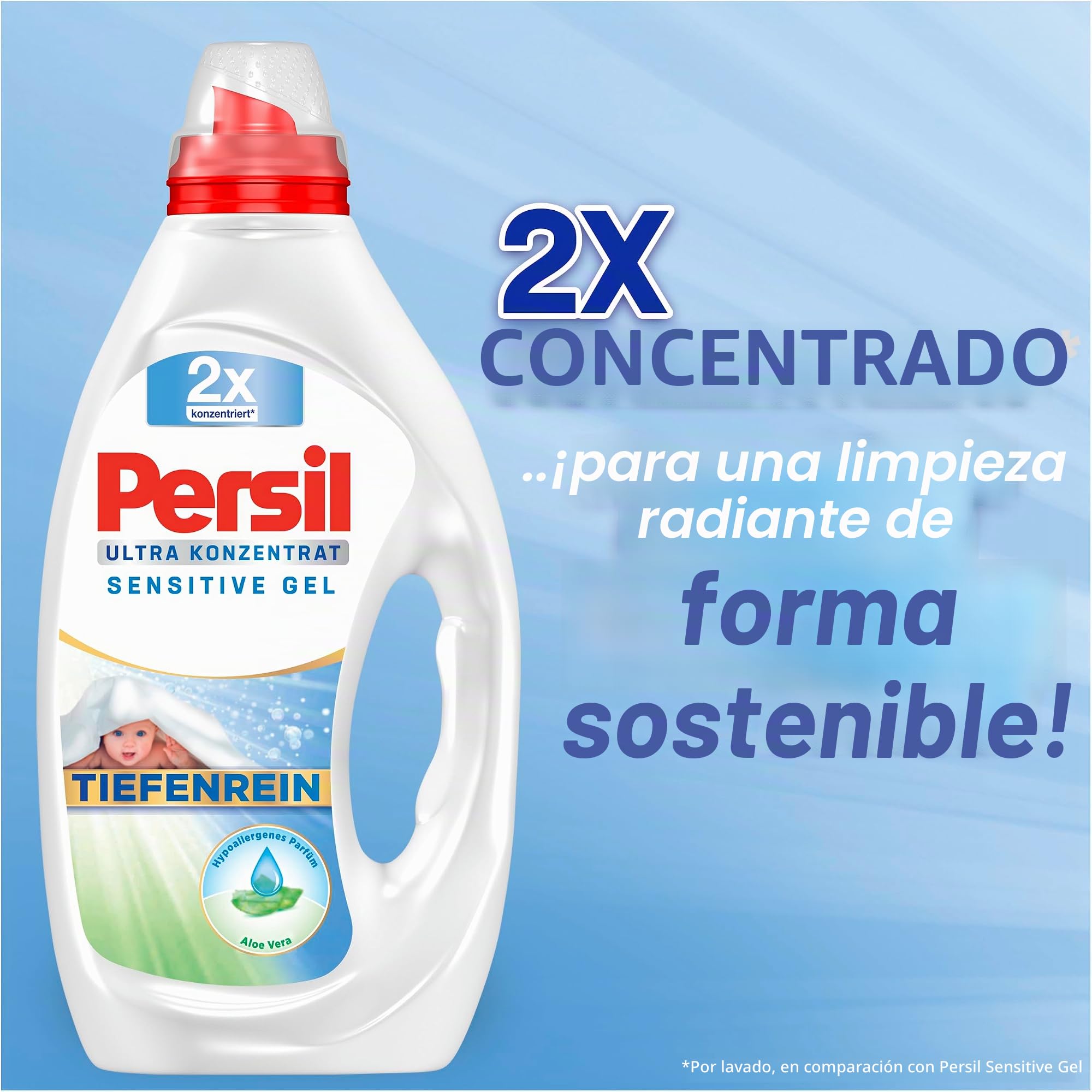 Persil Ultra concentrado Sensitive Gel (124 lavados), detergente líquido para alérgicos y bebés en botella más pequeña para menos plástico, elimina las manchas difíciles, dermatológicamente probado