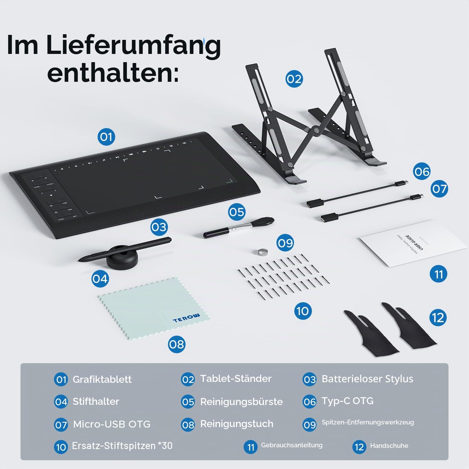 Grafik-Zeichentablett mit Ständer, 25,4 x 15,2 cm, Zeichentablett mit 8192 Level-Stift, 12 Hotkeys, digitaler Zeichenblock, kompatibel mit PC/Mac/Android für Malen, Design und