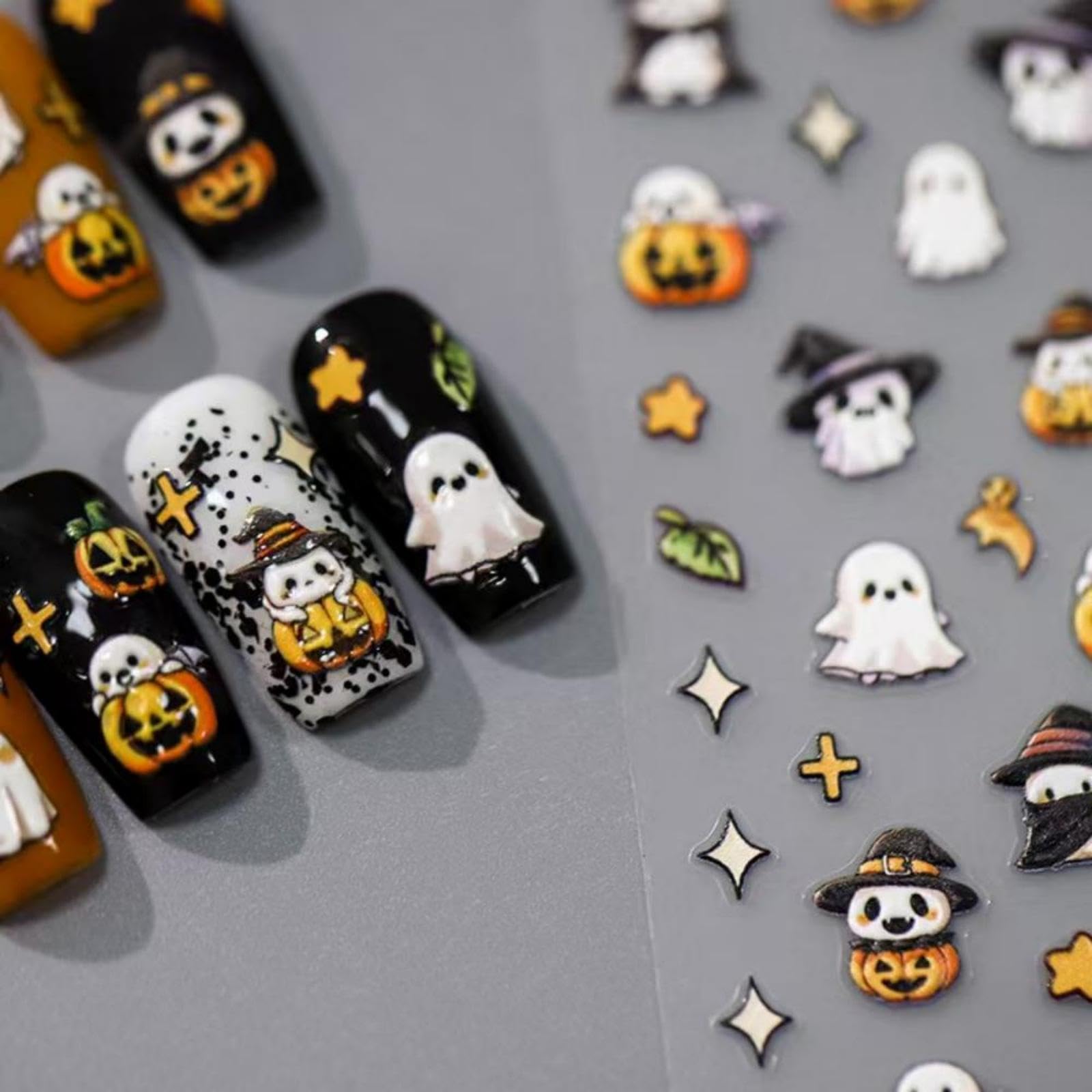Halloween Nail Art Stickers 5D Embossed Self Adhesive Nails Decals Cute Ghost Nail Sticker with Design for Women Girls Halloween Supplies Manicure Decorations Accessories