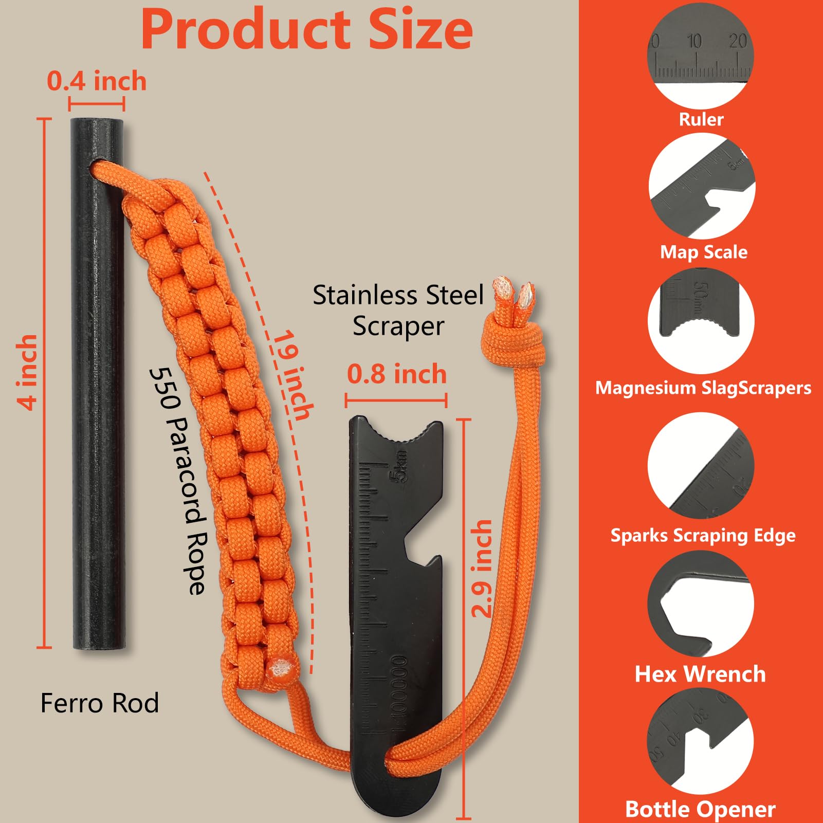 VVAAGG 4 Inch Large Ferro Rods, Survival Flint Fire Starter Kit with Orange Paracord Landyard Handle and Striker