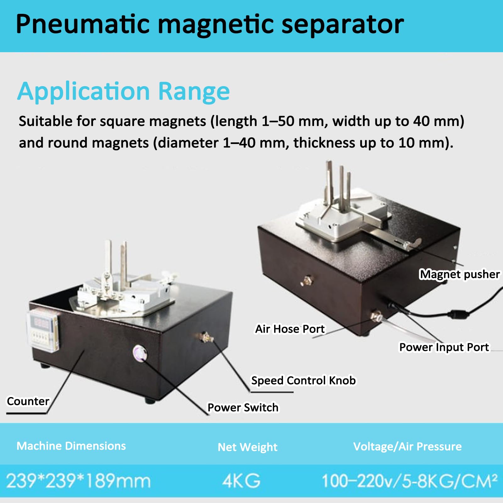 Separador Magnético Neumático/Separador Magnético Neumático-eléctrico, 100-220 V / 5-8 Kg/cm², Velocidad Ajustable, con Contador Y Alarma; para Imanes Circulares Y Cuadrados
