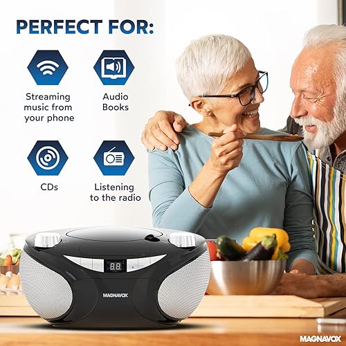 Vista 15 de Magnavox MD6949 Boombox de CD portátil de carga superior con radio estéreo AM/FM y tecnología inalámbrica Bluetooth en negro Compatible