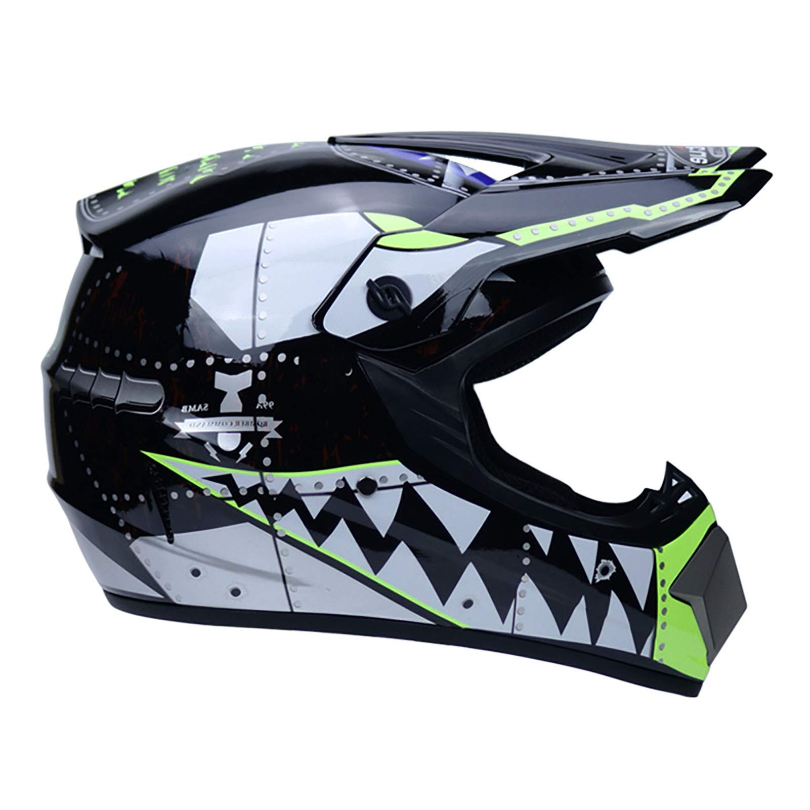 Motocross Helmet, Give Away Goggles + Gloves + Face Mask Set Removable And Washable Inner Lining Removable Brim Racing Lightweight Bright Black Shark Pattern Adult Full Face Helmet