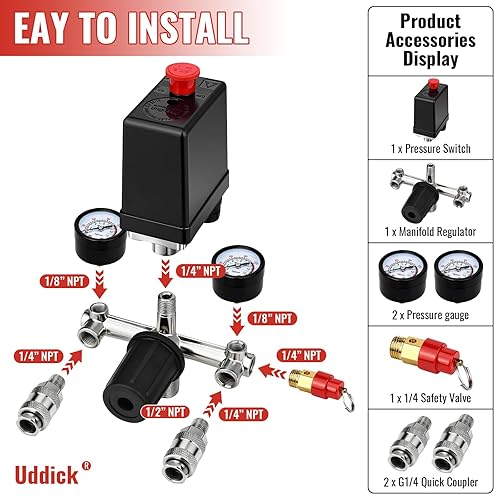 Miniatura 5 de Interruptor de control de presión del compresor de aire con válvula de control regulador de manómetro,Piezas del compresor de aire del regulador del