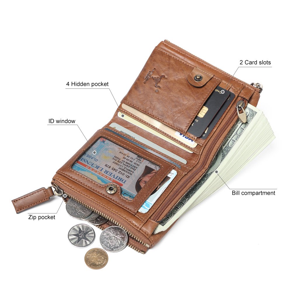 MING CLAN Wallet For Men With Zipper RFID Blocking Leather Bifold Mens Wallets - Double Zipper Credit Card Wallet - ID Window Zip Coin Pocket Travel Wallet Big Capacity