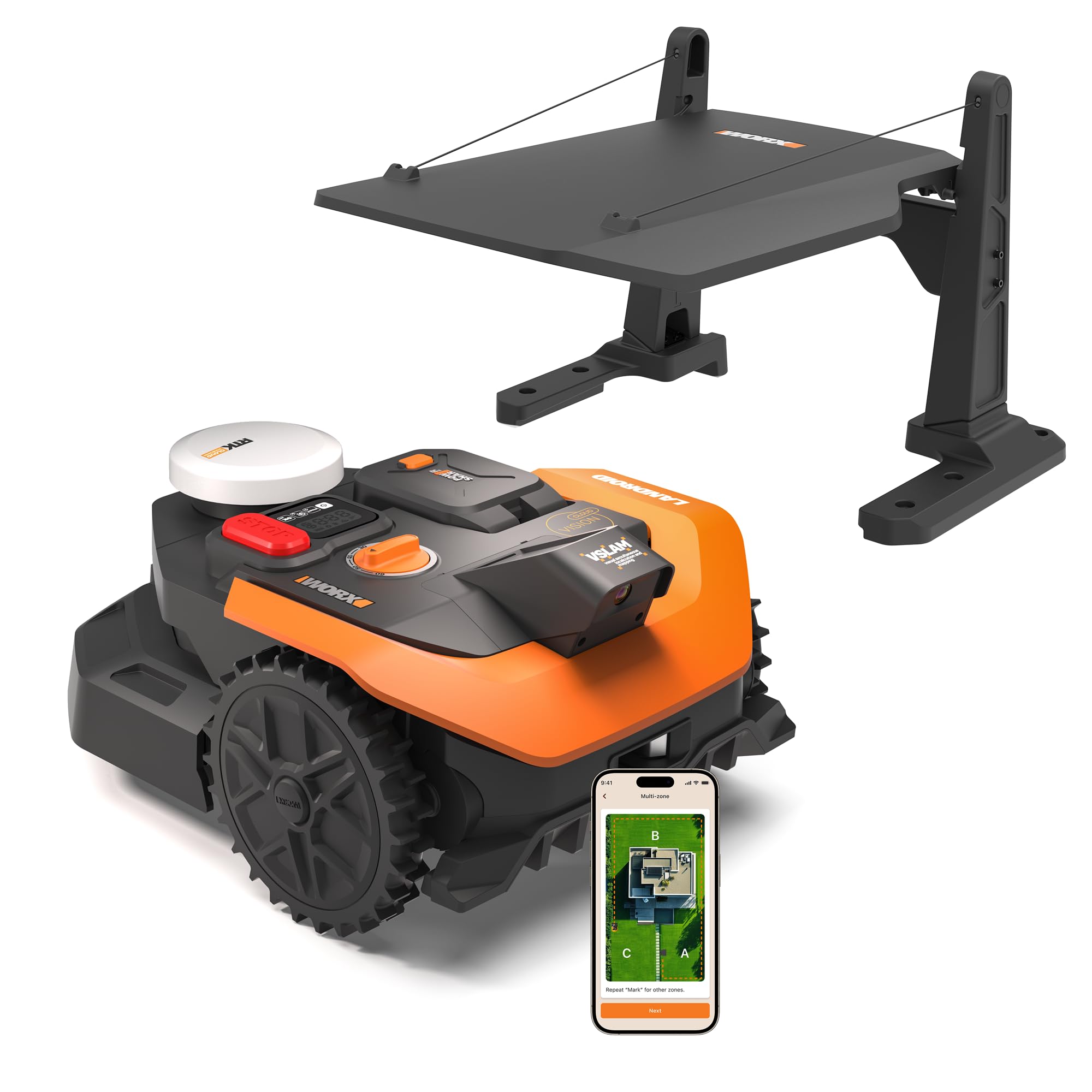 WORX Vision Cloud 2WD WR305E Robot Tondeuse 500 m² sans Fil périphérique + Garage (évitement d'obstacles par IA, Navigation VSLAM + RTK, cartographie Automatique, contrôle Via Application)