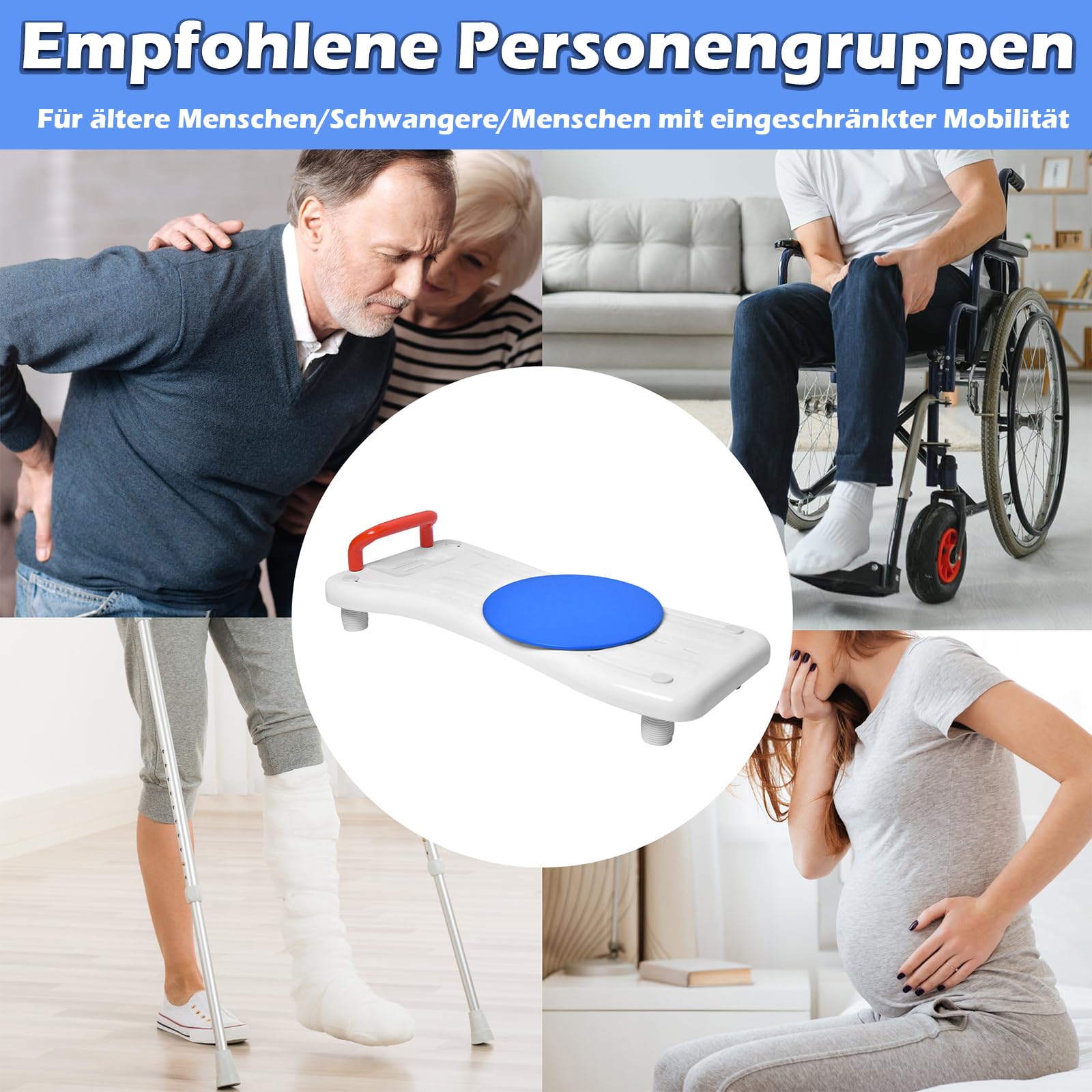 LZQ Badewannenbrett Badewannensitz Senioren mit 360º Drehscheibe, Rot Griff und Seifenablage, Einstellbar Wannensitz Sitzbrett für Badewanne für Erwachsene Tragkraft 150kg