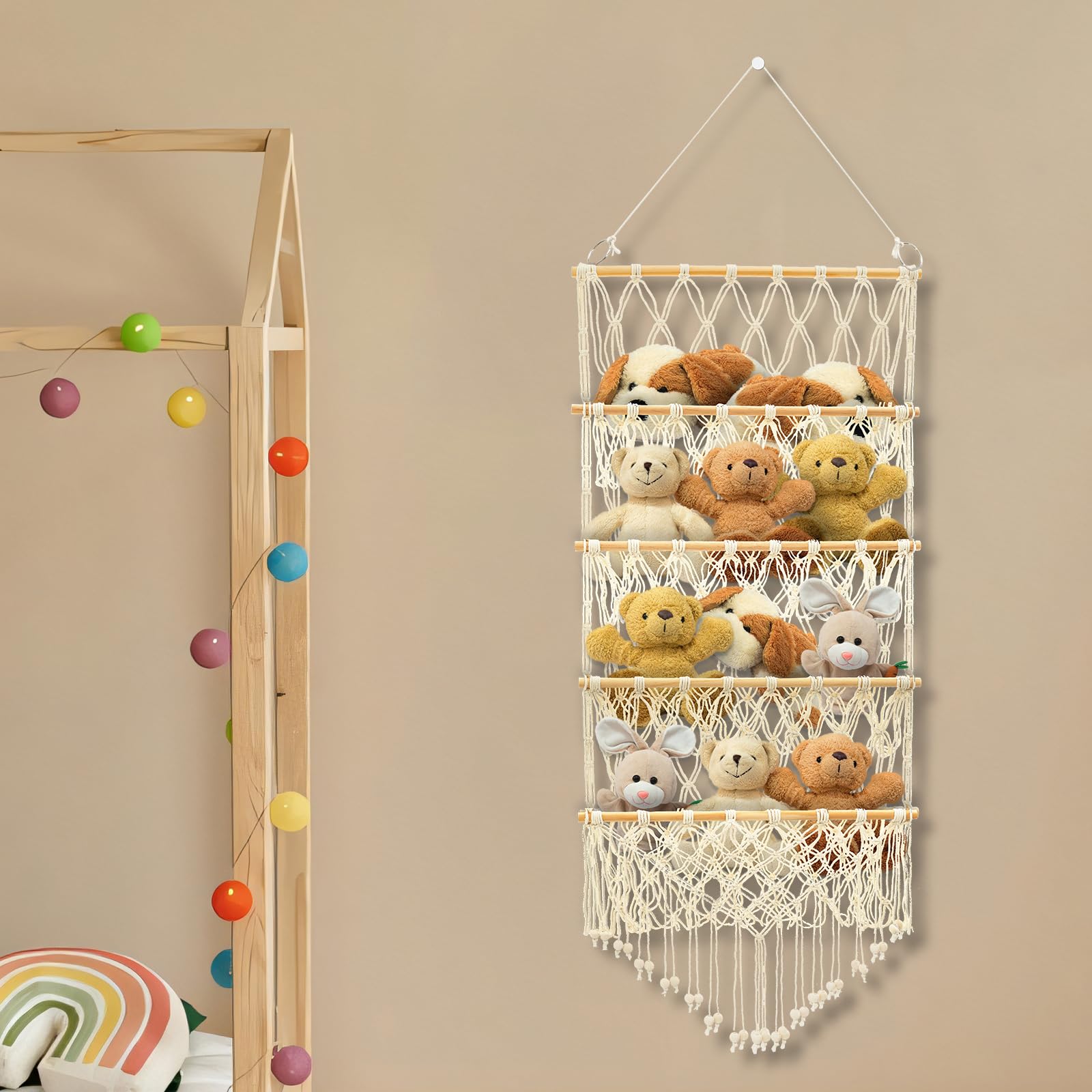 Stuffed Toy Storage Hammock 4-Layer Large Capacity Toy Storage Net Bohemian Style Hanging Toy Organizer Washable Plush Doll Holder with 2 Hooks for Kids Baby Nursery Wall Bedroom Room Decor