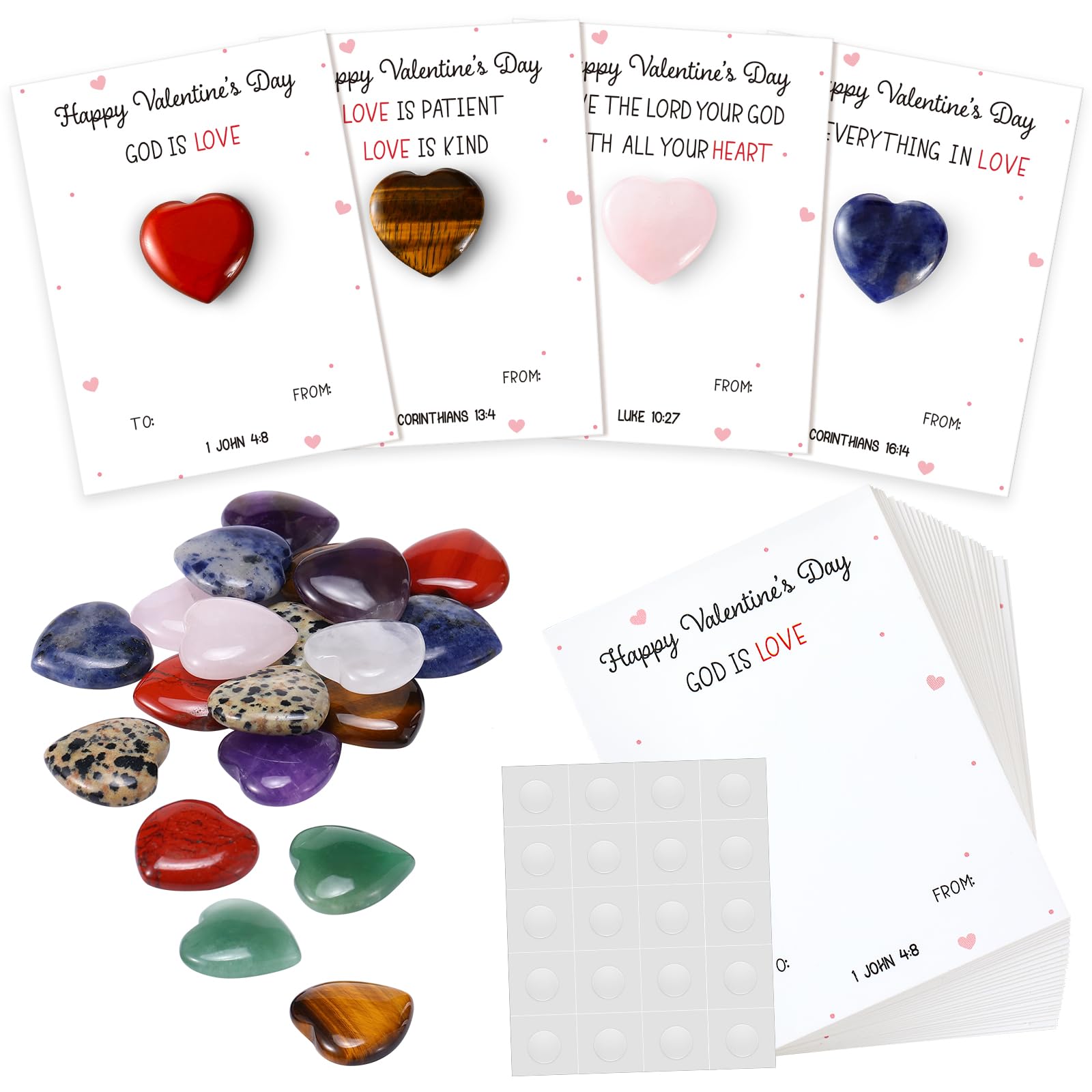 Humyoun40 Set Christian Valentine's Day Pocket Hug Token Bulk Heart Shape Natural Stones with Bible Verse Cards Exchange Gifts for Valentine Church Sunday Party Favors