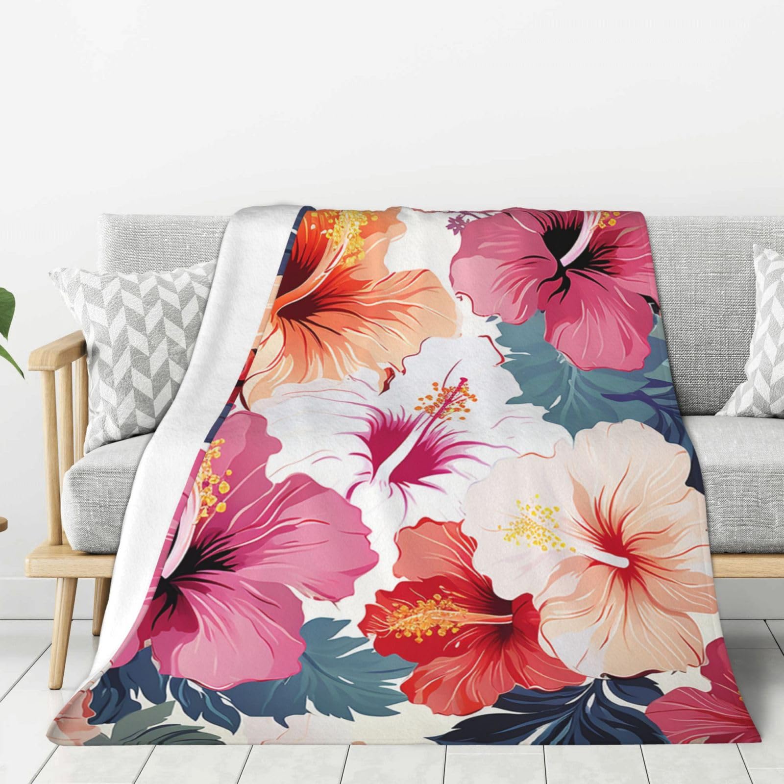 Couverture polaire en flanelle motif fleuri hawaïen pour lit et canapé de 203 x 152 cm