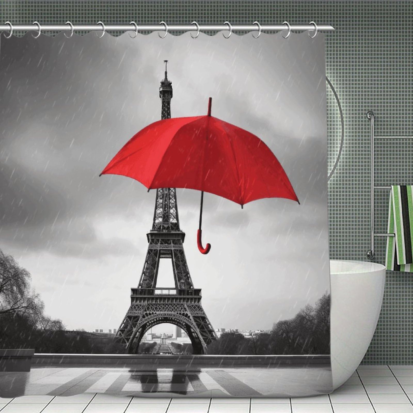 VstaDank Eiffel Tower with Red Umbrella Shower Curtain Waterproof Bathroom Curtain with Hooks Luxury Weighted Bath Curtains for Bathtubs Showers Room Dividers Decorative Shower Curtains 71x71 in