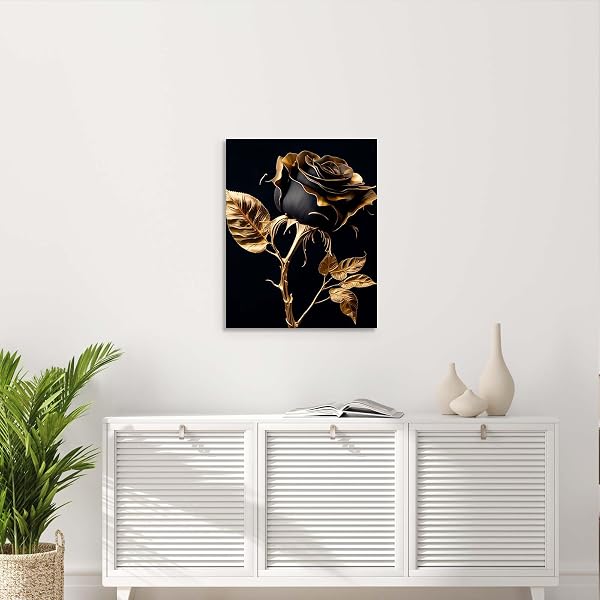 Galmcook Framed Canvas Wall Art 12x16 Inch Black and Gold Rose Modern Artwork Elegant Floral Wall Canvas for Living Room Bedroom Hallway Wall Decoration Prints with Hooks Magic Tape and Nails - 4