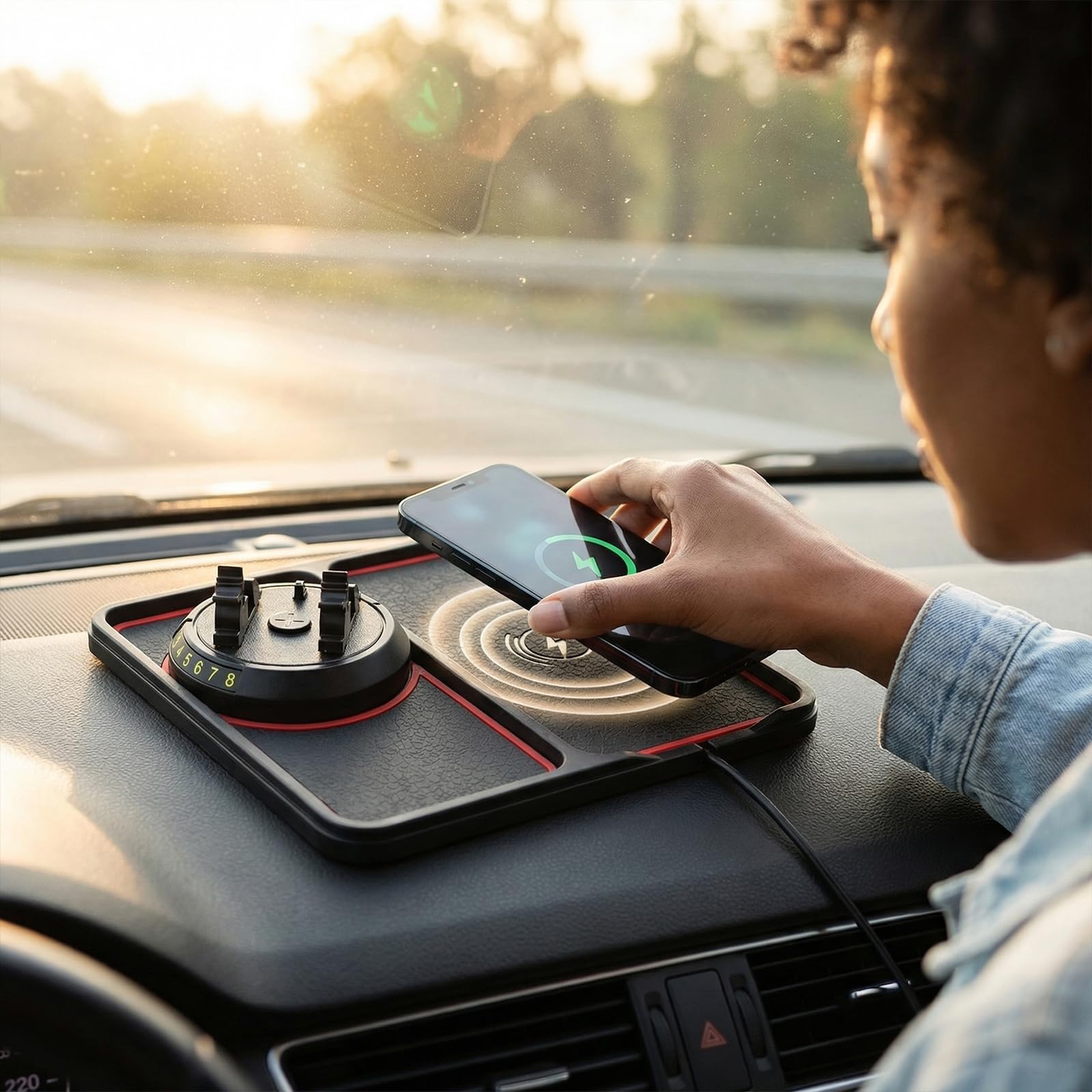 Caricatore da auto wireless e supporto per telefono con base antiscivolo rotazione a 360 gradi per tutti i telefoni