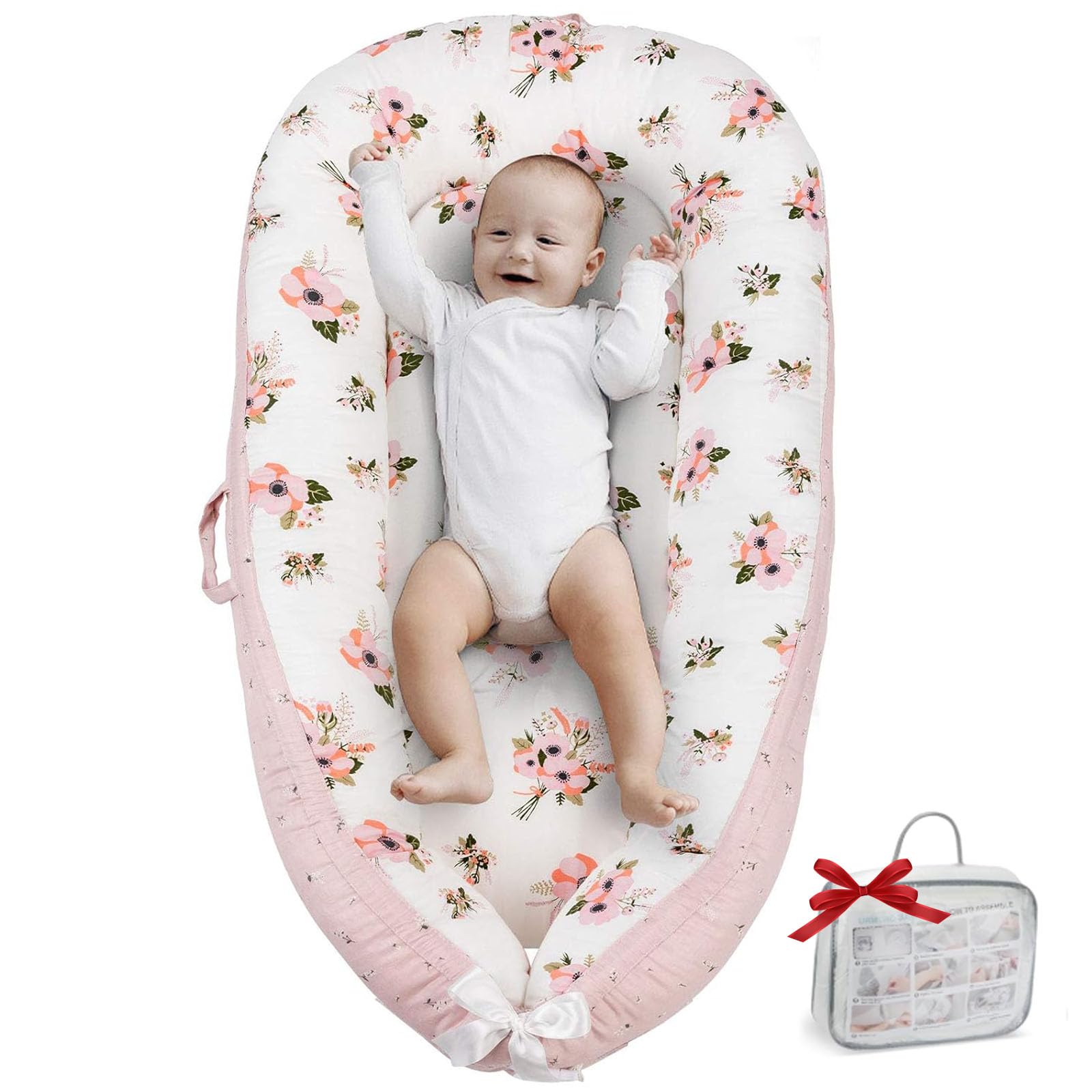 Baby Lounger Cover Portable Newborn Lounger Seat Cover, Reversible Infant Nest, Durable and Machine Washable, Adjustable Lounger for Babies(Pink Flower)