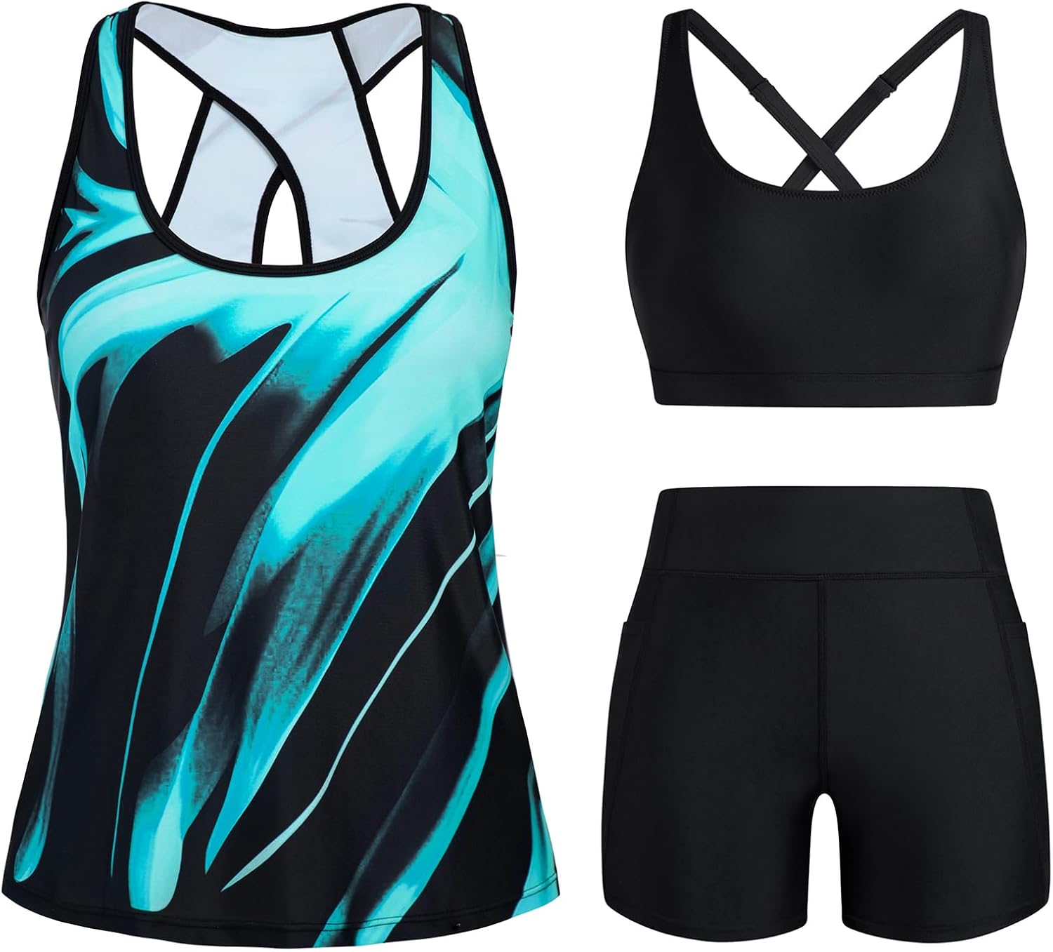 HUSKARY 3 Piece Tankini Swimsuits for Women Swim Tank Top with Bra and High Waist Boy Shorts with Pockets