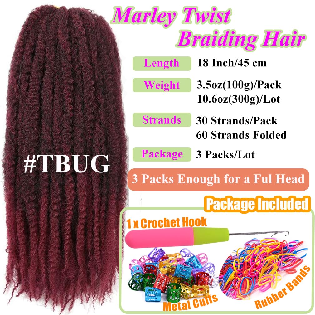 Afro-twist Marley Hair for Jumbo Twist Pre-separated Braiding Hair 3 Packs (30 Strands/pack), Brazilian Wool Invisible Crochet Hair Synthetic Kinky Extensions 18 Inch (Ombre Burgundy)