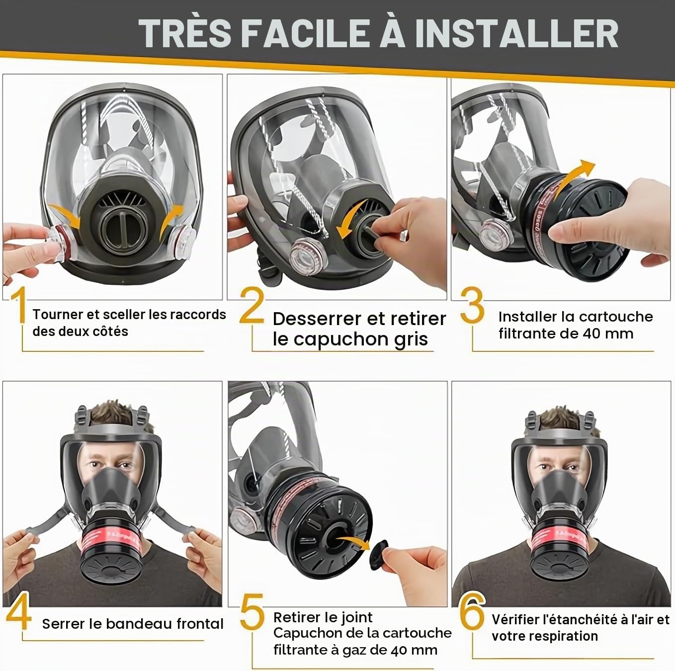 Masques à gaz réutilisables couvrant le visage entier utilisent des filtres à charbon actif de 40 mm, pour la peinture par pulvérisation, les pesticides, l’industrie chimique, la décoration