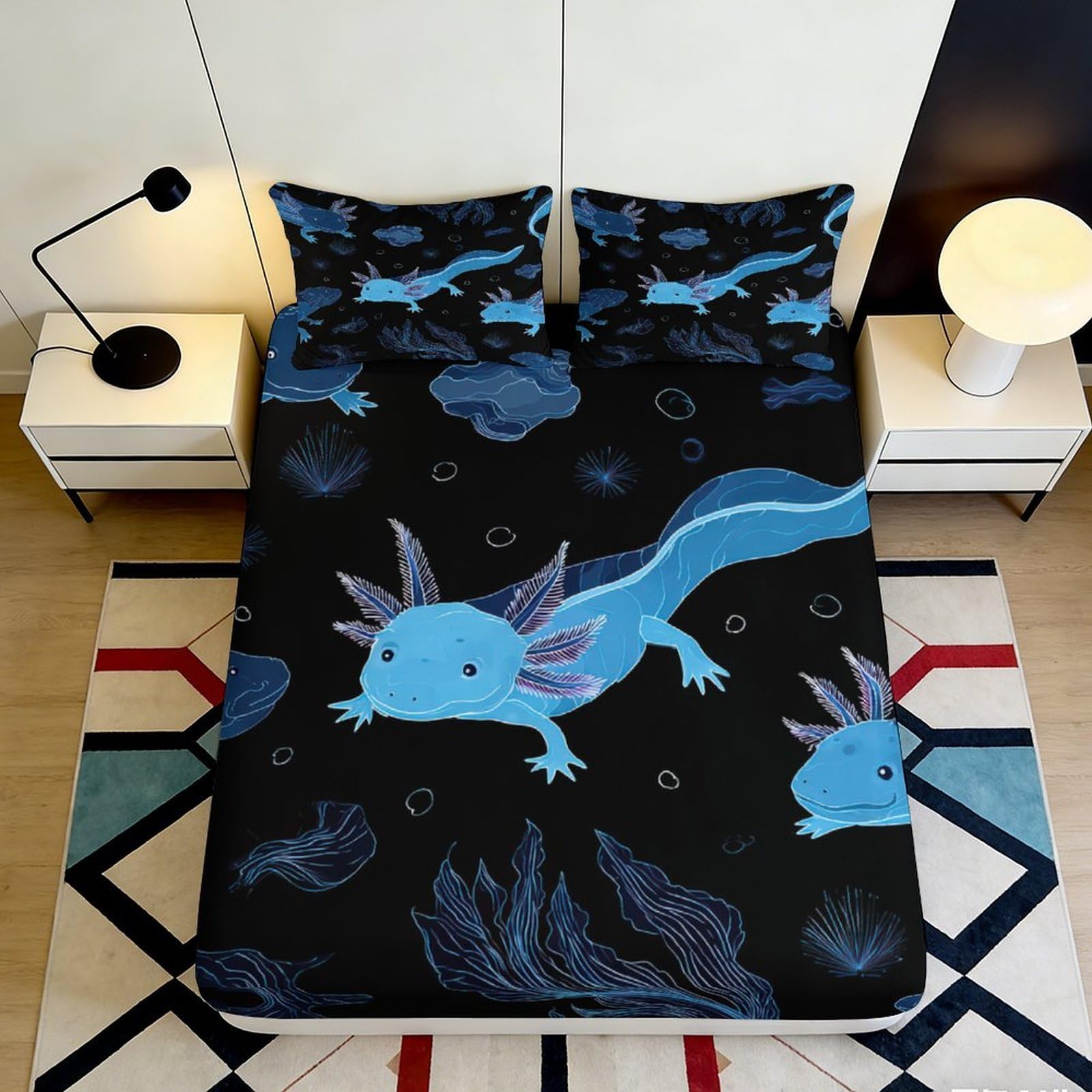 3D Printed Blue Axolotl Fitted Sheet Microfiber Soft Black Cartoon Underwater Mattress Cover for Bedroom Decor 90x200x25cm