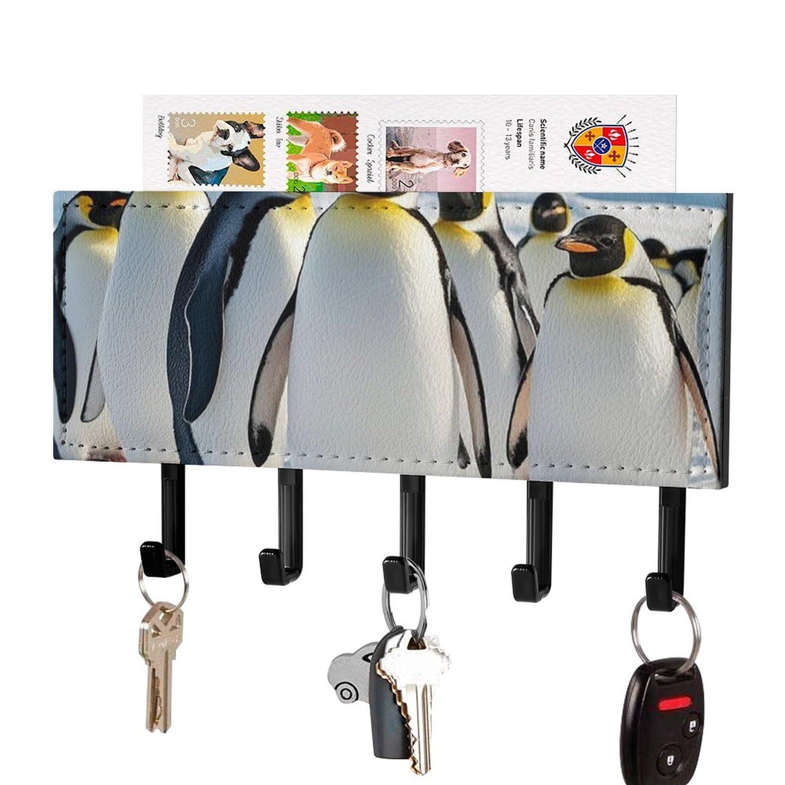 Fekiloot Black-Style Cute Penguin Key Holder Wall Mount Key Hanger With 5 Hooks Decorative Key Rack Hanging Key Hooks With Mail Organizer Key Holder For Wall Living Room Kitchen Bathroom Hallway Black