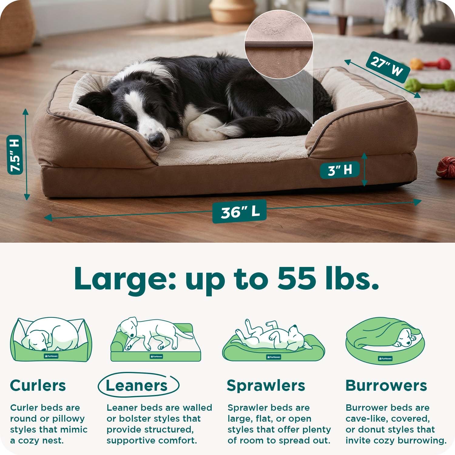 Furhaven Furhaven Orthopedic Dog Bed for Large/Medium Dogs w/Removable Bolsters & Washable Cover, for Dogs Up to 55 lbs - Plush & Velvet Waves Perfect Comfort Sofa - Brownstone, Large in use