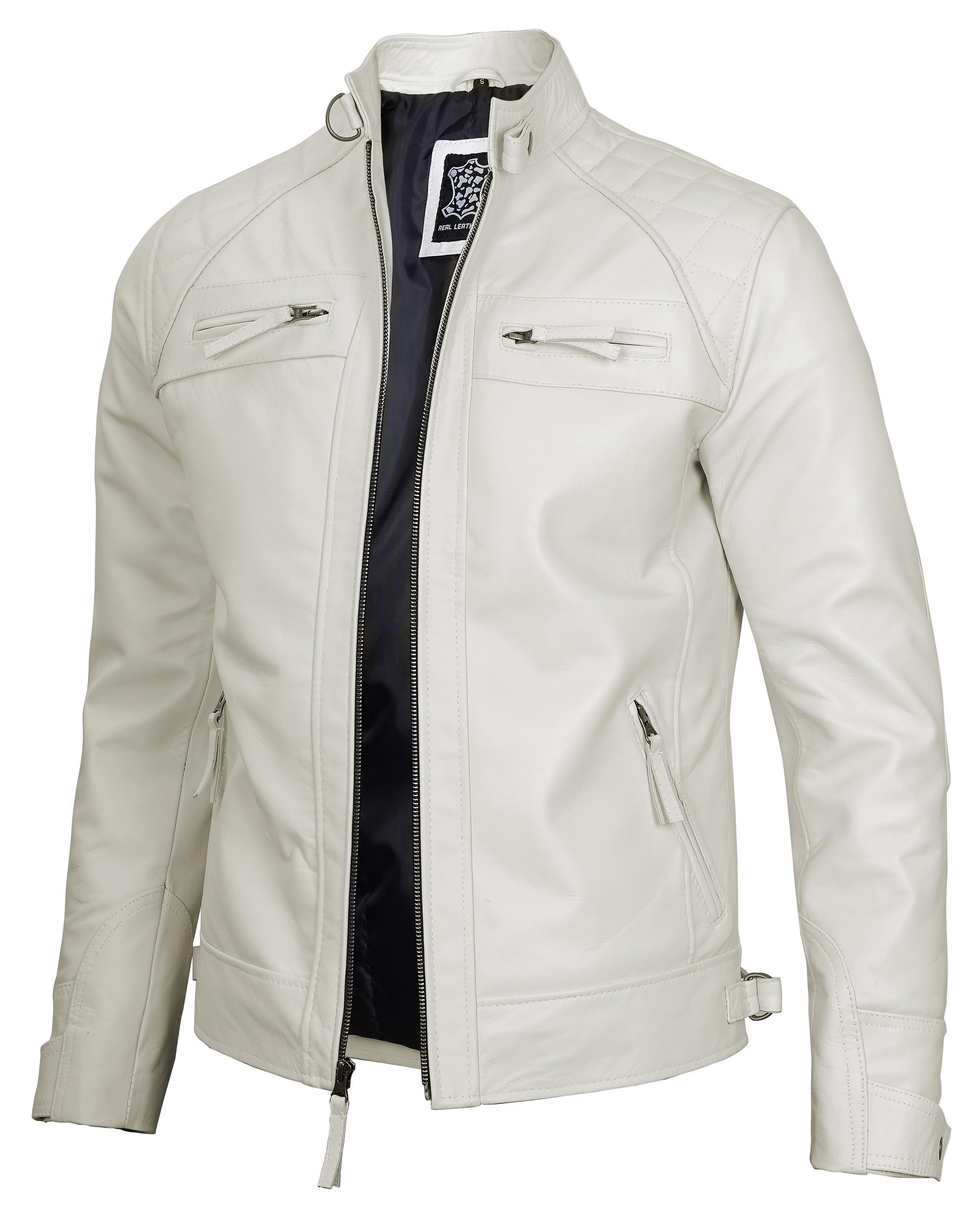 fjackets Mens Leather Jacket Moto Style Real Lambskin Leather Jacket, Quilted Cafe Racer Classic Zip Up Biker Jacket for Men