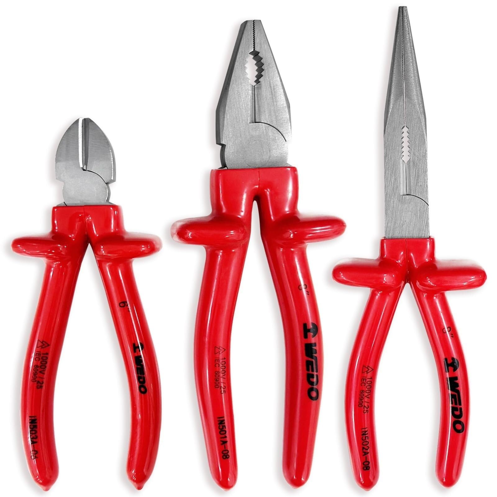 Juego de 3 alicates aislados: alicates de corte lateral de 6", alicates combinados de 8" y alicates de punta fina de acero al cromo-vanadio.(8"+8"+6")