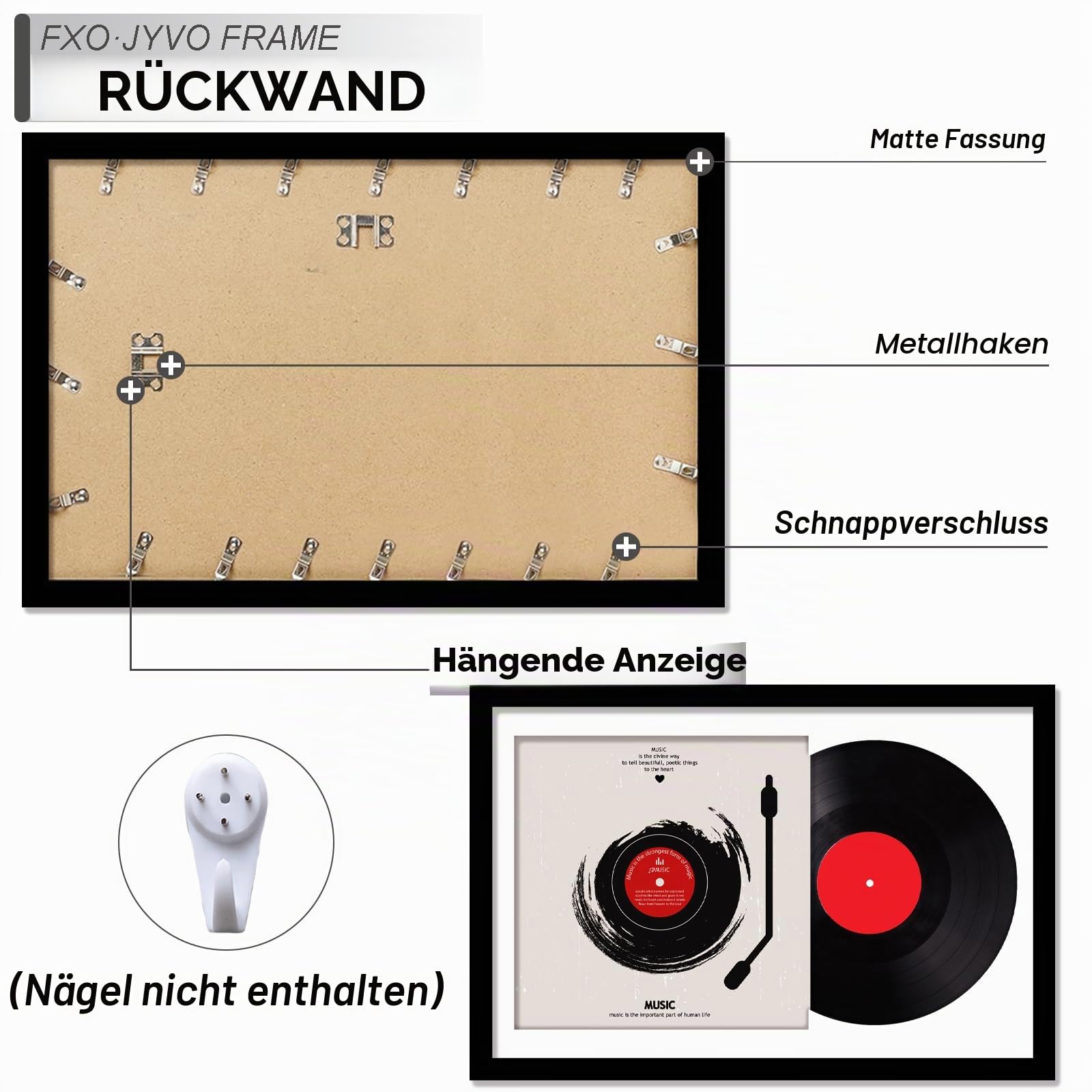 Schallplattenrahmen für 30,5 cm große LP mit 12,5 x 12,5 Albumcover | Schwarzer Rahmen, leicht, mit hochtransparenter Kunststoff-Wandhalterung, 40,6 x 61 cm, 2 Packungen/Schwarz