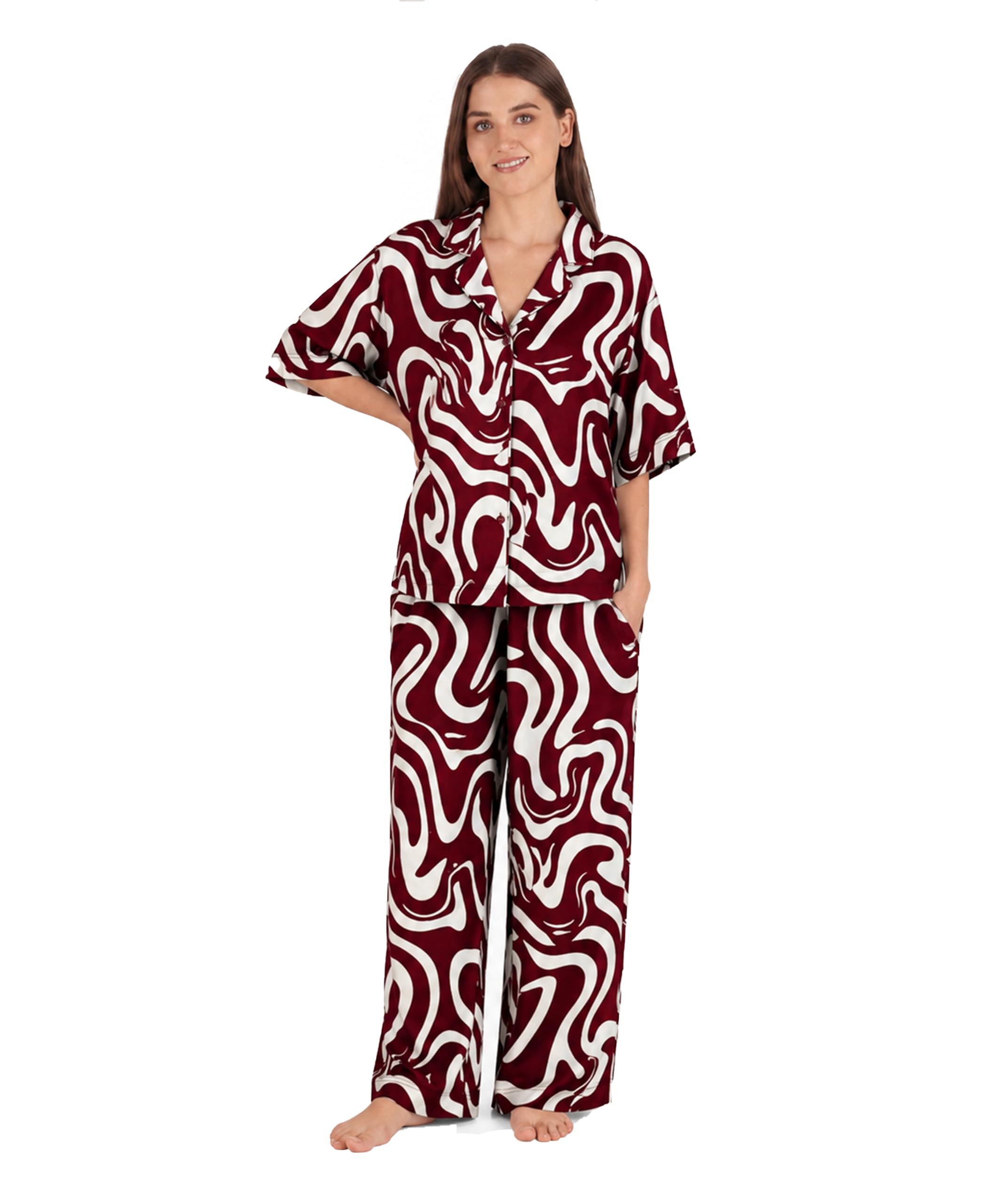 Serenaire Nova Wave Co-Ord Set for Women |Viscose Rayon Printed Outfit | Relaxed Fit Shirt & Wide Leg Palazzo Pants | Casual Lounge Wear-image-29