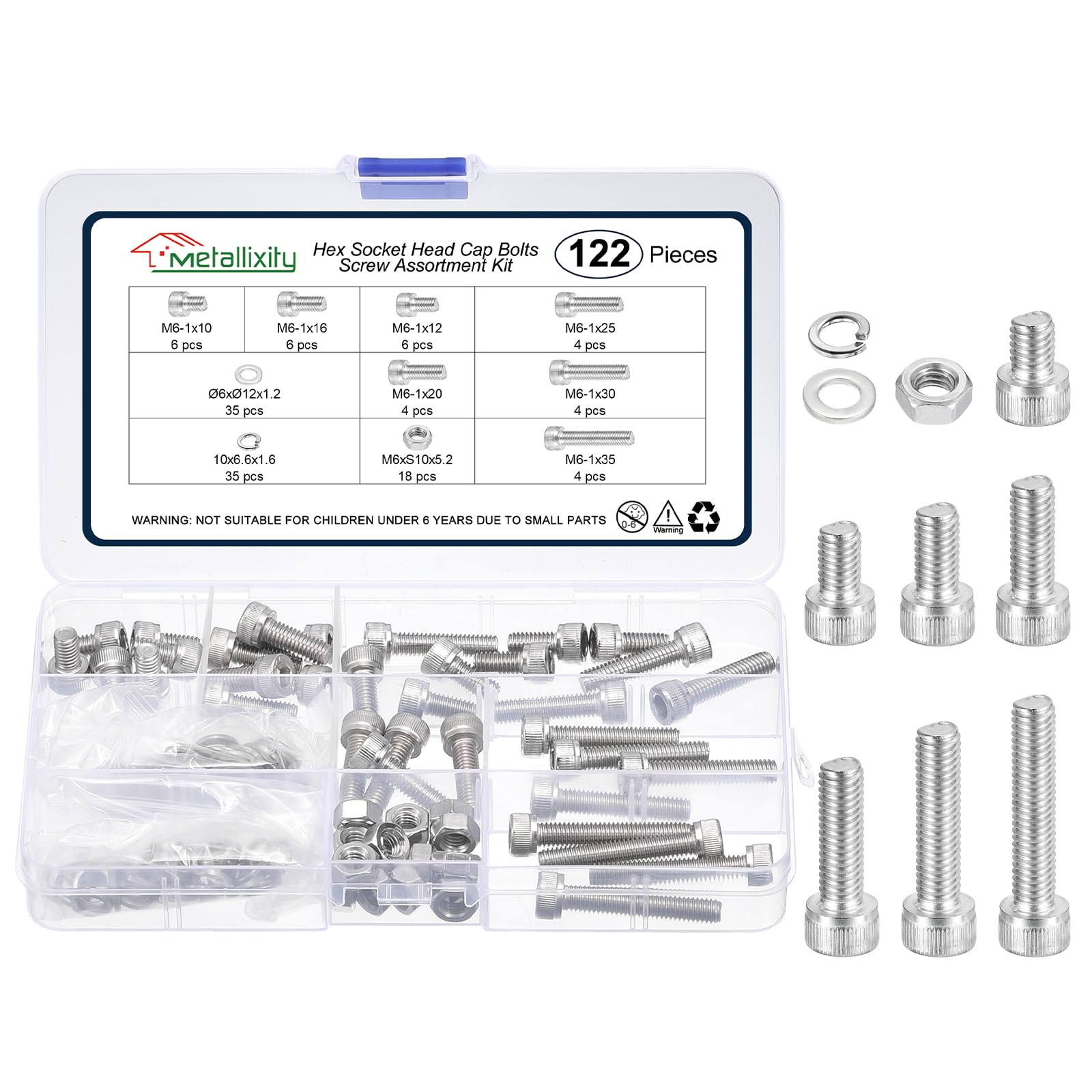 METALLIXITY Socket Head Cap Screws Kit (M6x10/12/16/20/25/30/35) 122Pcs, Stainless Steel Allen Socket Drive - Machine Internal Hex Screw, Silver โ image 1