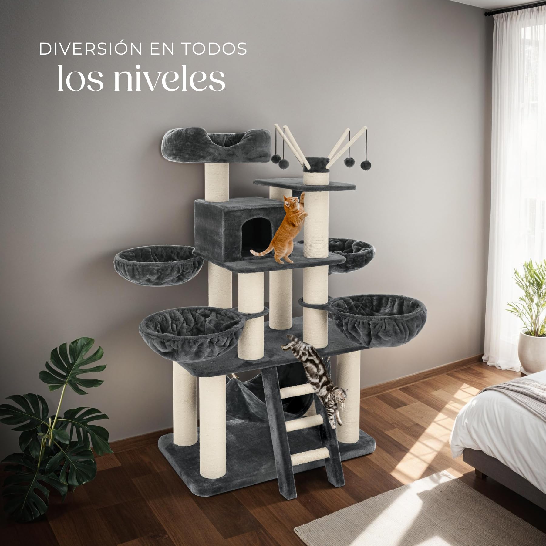 tectake 800740 Rascador para Gatos, Árbol Rascador, Columnas de Sisal, Caseta Plataforma 4 Nidos Hamaca, 130x79x195 cm (Gris/Blanco | No. 403327)