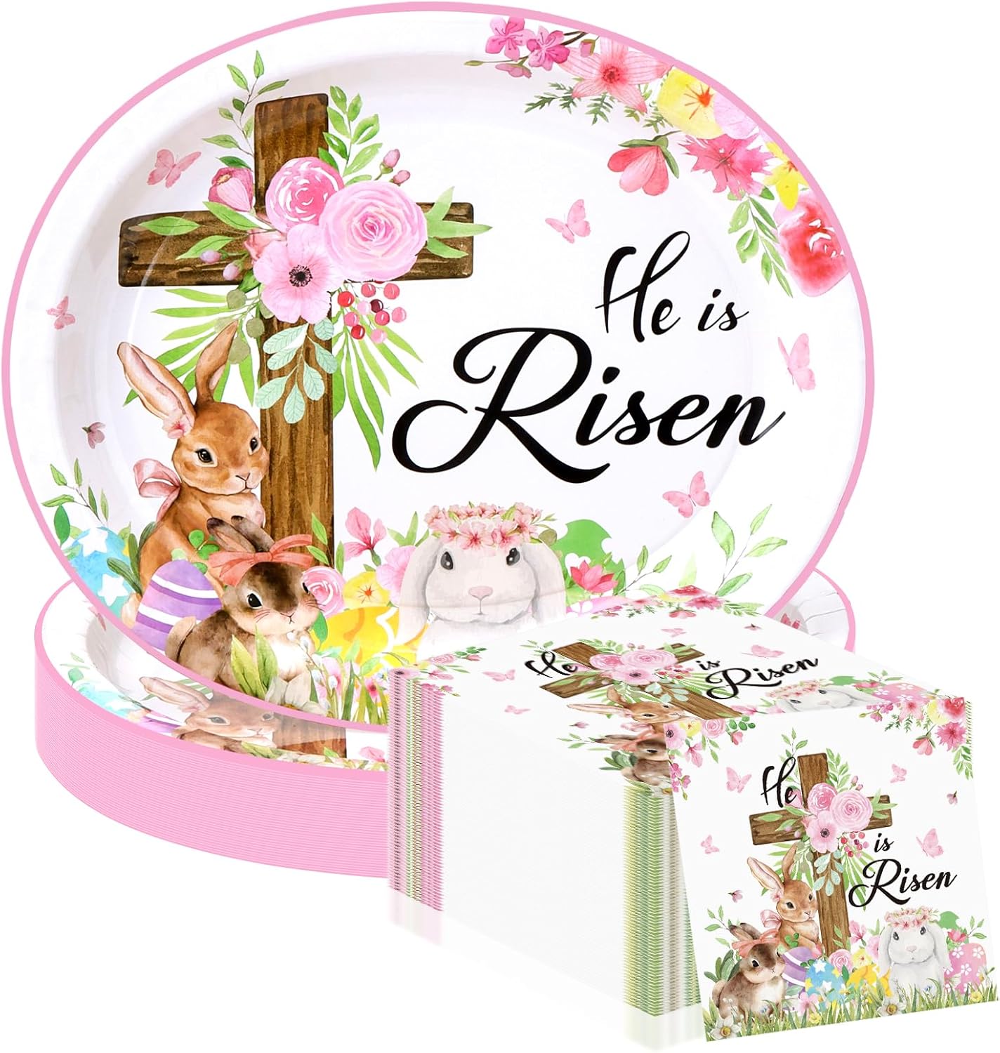 50 Sets Easter Tableware 50 He is Risen Easter Paper Plate Oval 50 He is Risen Disposable Napkins Bunny Egg Cross Flowers Paper Towels Dinner Plate Hand Towels for Spring Easter's Party