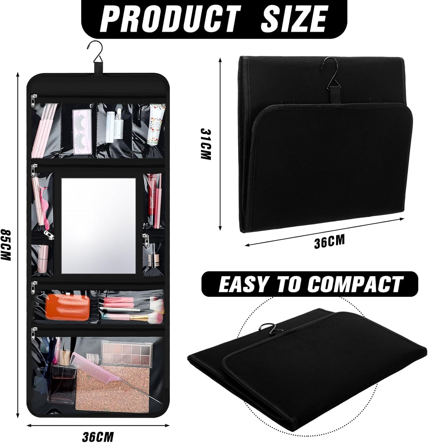 Hanging Toiletry Bag with Mirror for Men Women Travel Kit Large Foldable Beauty Dance Makeup Bag Organizer Storage Waterproof Roll up Cosmetic Case Accessories for Bathroom Shower(Black)