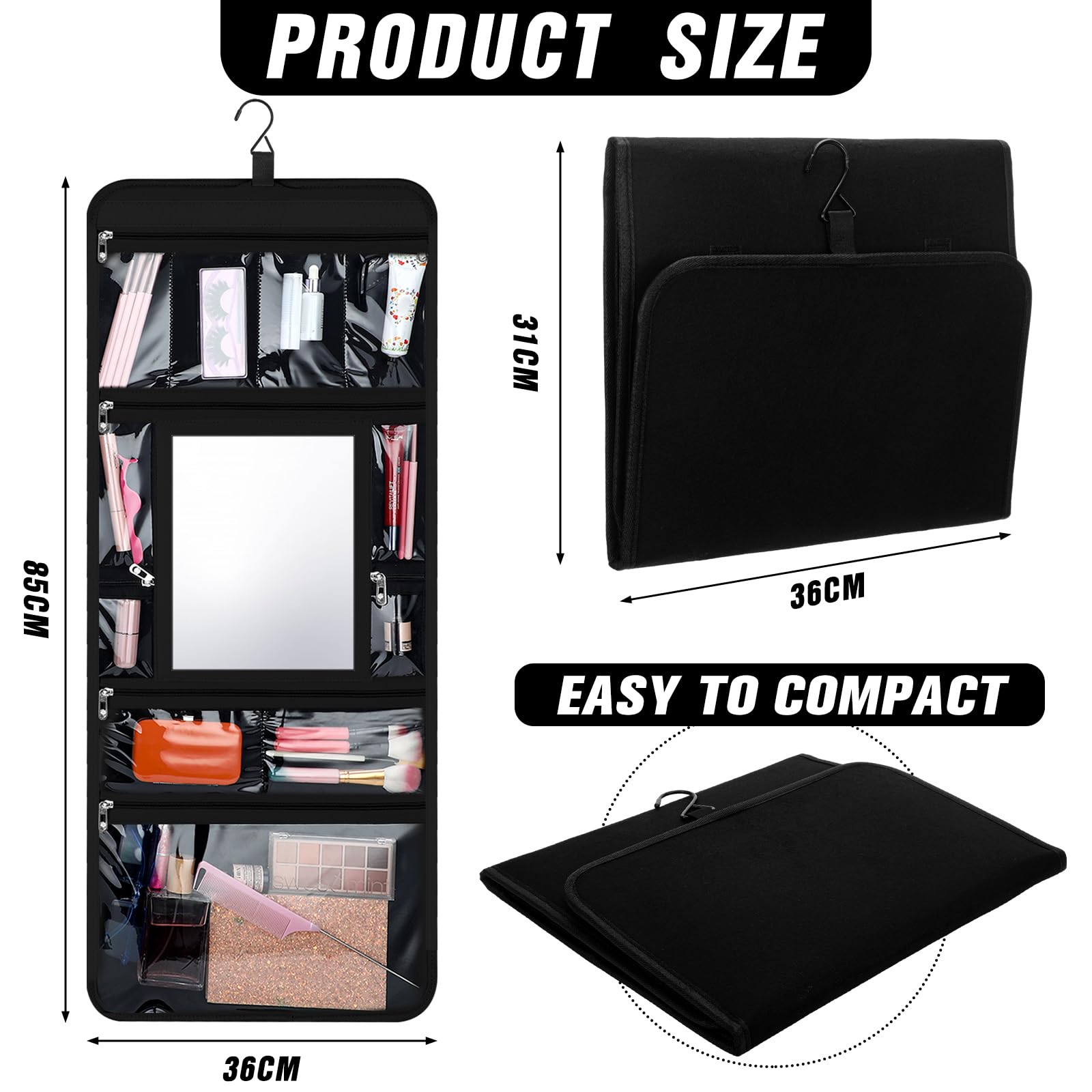 Neceser colgante con espejo, bolsa de belleza plegable de viaje con espejo, bolsa de cosméticos para detrás del escenario, organizador de almacenamiento de maquillaje plegable para viajes,