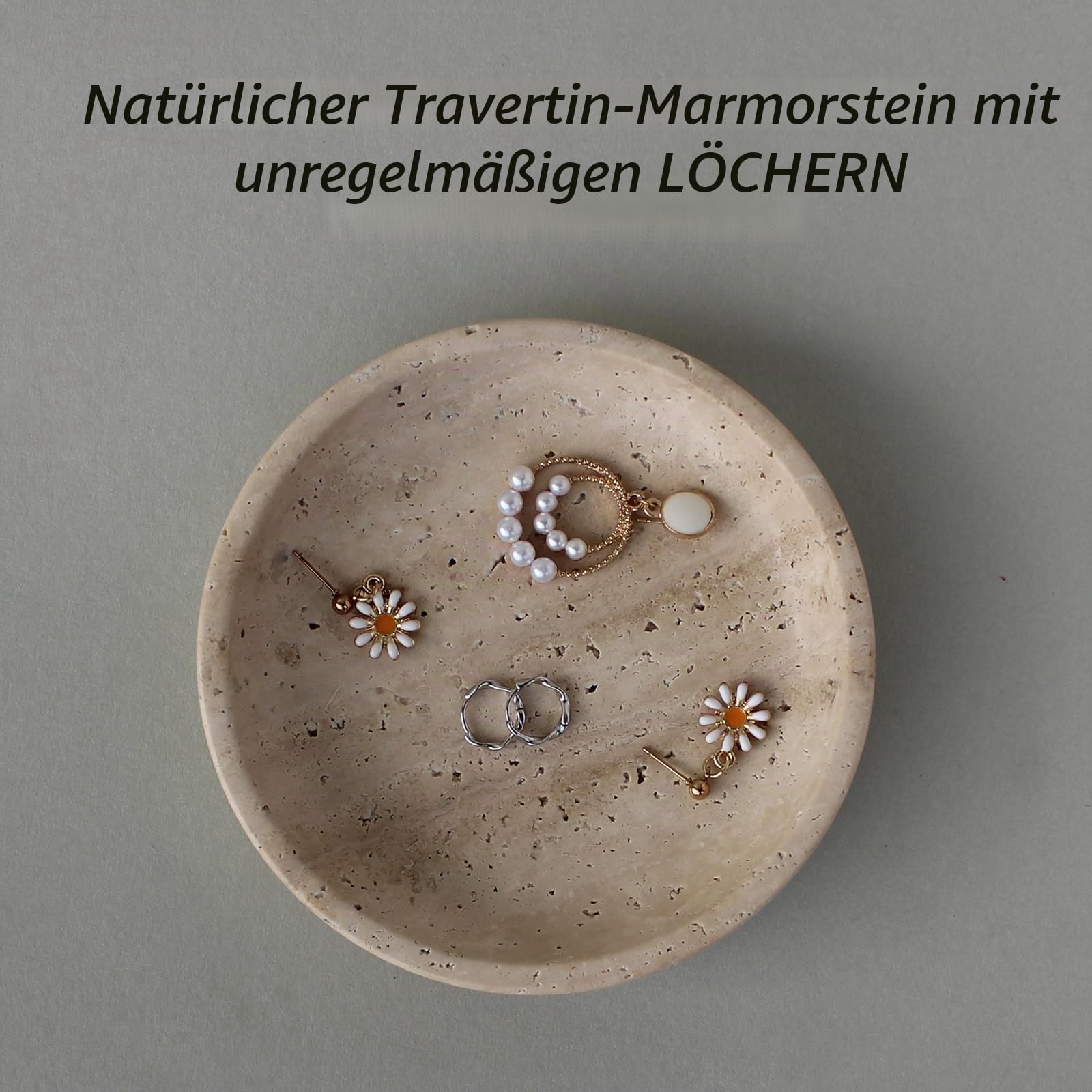 Schmuckschale aus natürlichem Marmor, Travertin, 14 cm, Schmuckschale für Ringe, Ohrringe, Geschenk für Frau, Tochter (Beige Travertin)