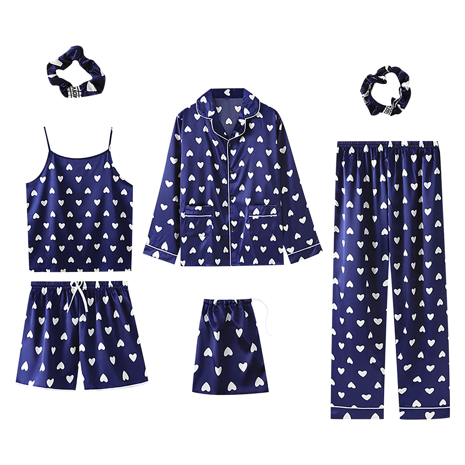 AMhomelyUK Stock Sale 7 Pieces Women's Pajamas Sets Faux Silk Pyjama Women's Pajamas Sleepwear Sets Spring Summer Homewear Sleepwear Nightwear Set Ladies Comfort Cotton Everyday Bra Gift for her Girls