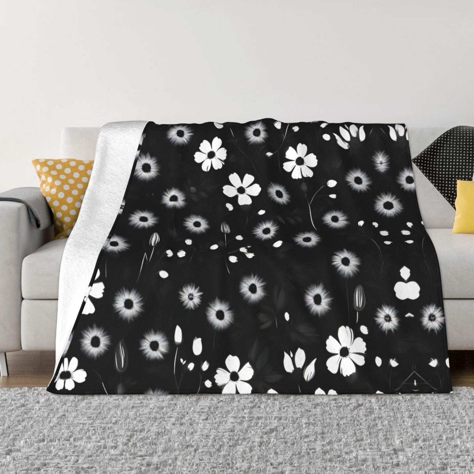 Couverture en flanelle chaude à imprimé floral noir et blanc élégant