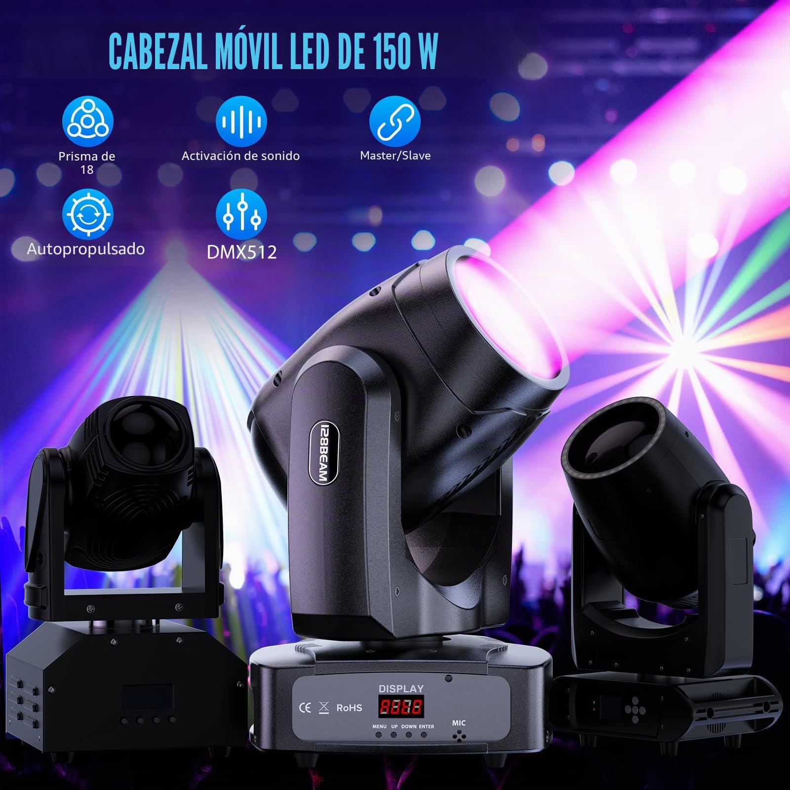 2 unidades 150W Cabeza Movil LED Beam DMX512 Luces Discoteca Luces Led Escenario RGBW Cabeza Led Discoteca con Prisma para DJ, Disco Party, Bar Club Nocturno