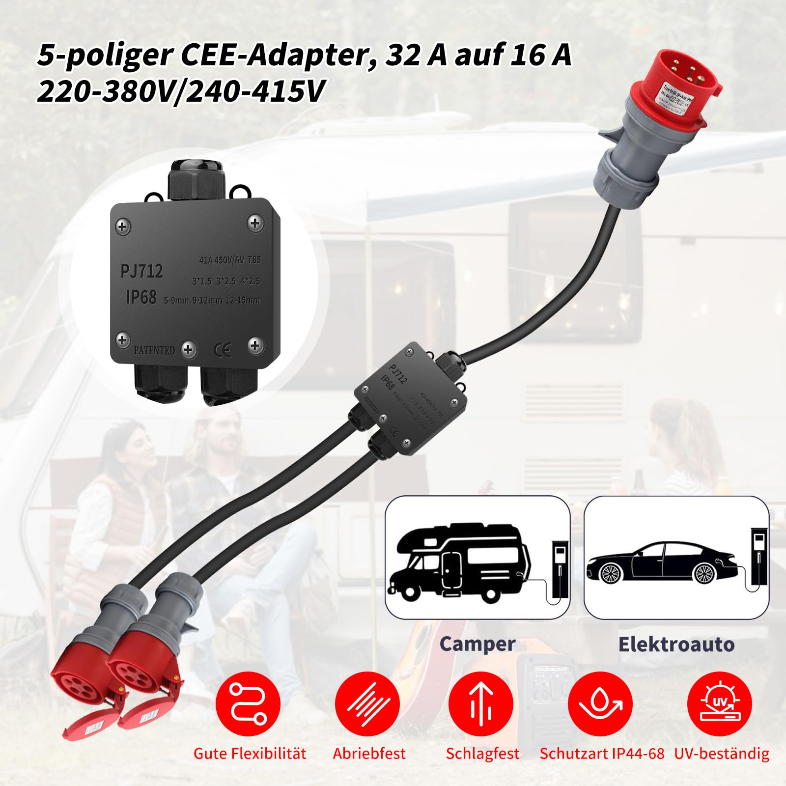 Adaptateur CEE 32 A vers 16 A, 2 Prises CEE 230 V 16 A 5 Broches, rallonge CEE IP44-68, répartiteur de Courant Fort pour Camping, extérieur, Industrie, Chantier, Atelier, 1,5 m