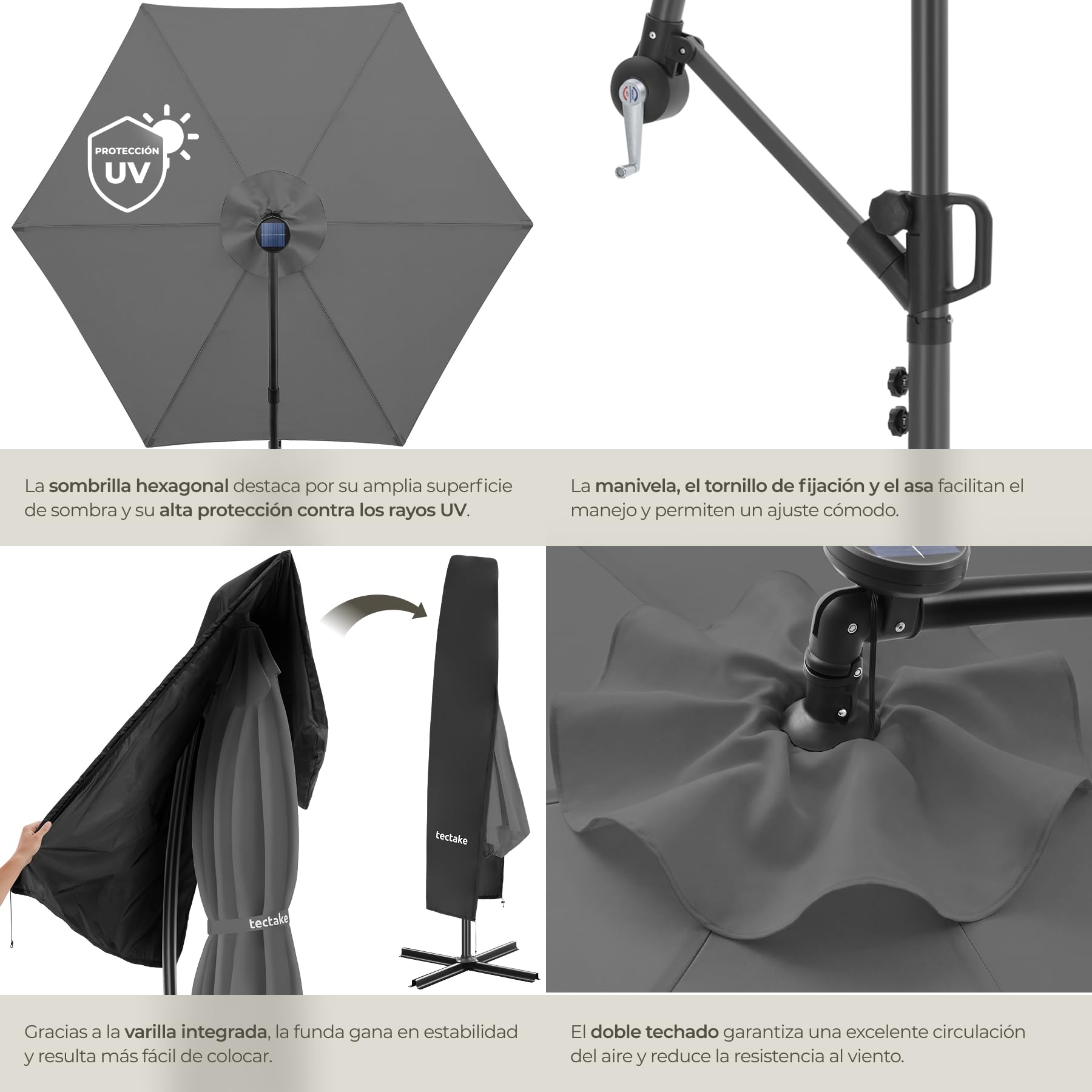 tectake® Sombrilla Terraza Exterior con Iluminacion Solar Led, Parasol Terraza Exterior y Jardin, Sombrillas Jardin Grandes Giratorio 360°, Doble Techo, Manivela, Inclinable - 3 x 3 m