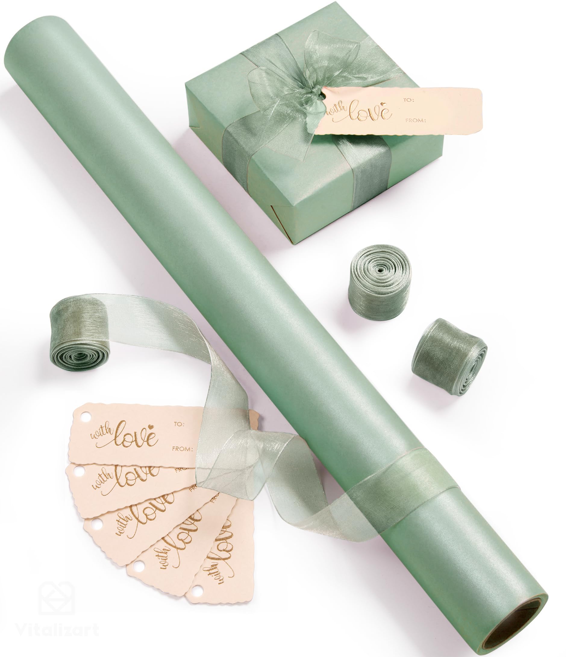 Vitalizart Sage Green Wrapping Paper 43 cm x 5 m, Pearlescent Gift Wrapping Paper Roll & Organza Ribbons & Gift Tags Set for Valentines, Wedding, Brithday, Christmas, Baby Shower