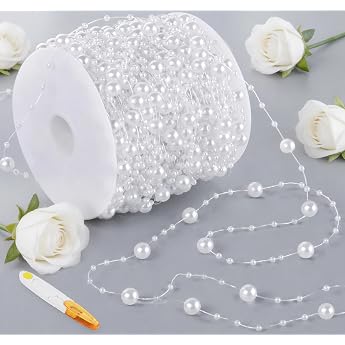 Pearl Garland White 60 m Elegant Pearl Necklace Decorative Pearl Ribbon with Stainless Steel Scissors for Wedding Decoration Party Birthday Table Decoration DIY Craft Decoration Bouquet