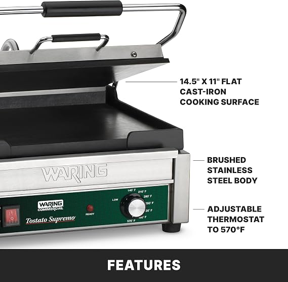 Waring Commercial Panini Press, Flat Cast Iron Plates, 14.5 x 11 Cooking Surface, 570F Adjustable Thermostat, for Sandwiches up to 3 Thick, Professional Kitchen Grill, 120V, WFG250