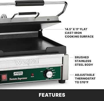Waring Commercial Panini Press, Flat Cast Iron Plates, 14.5 x 11 Cooking Surface, 570F Adjustable Thermostat, for Sandwiches up to 3 Thick, Professional Kitchen Grill, 120V, WFG250